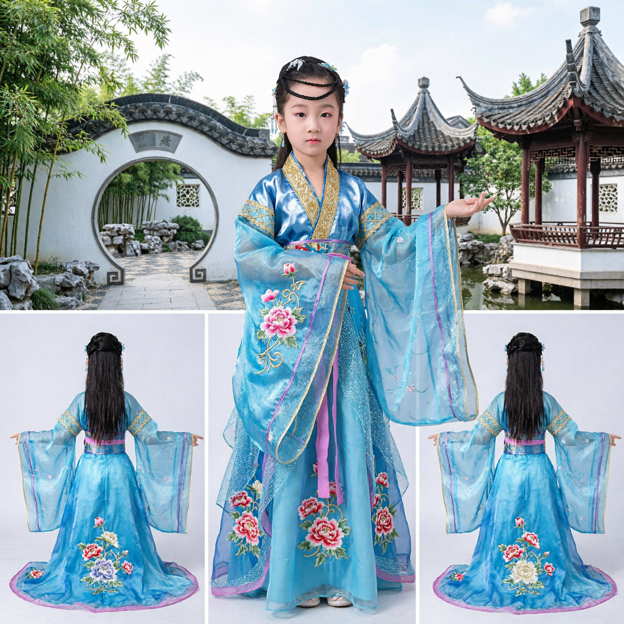 Kids Girls Blue Chinese Hanfu Traditional Costume Ancient Fairy Princess Dress for Stage Performance Dance - Asian Costume