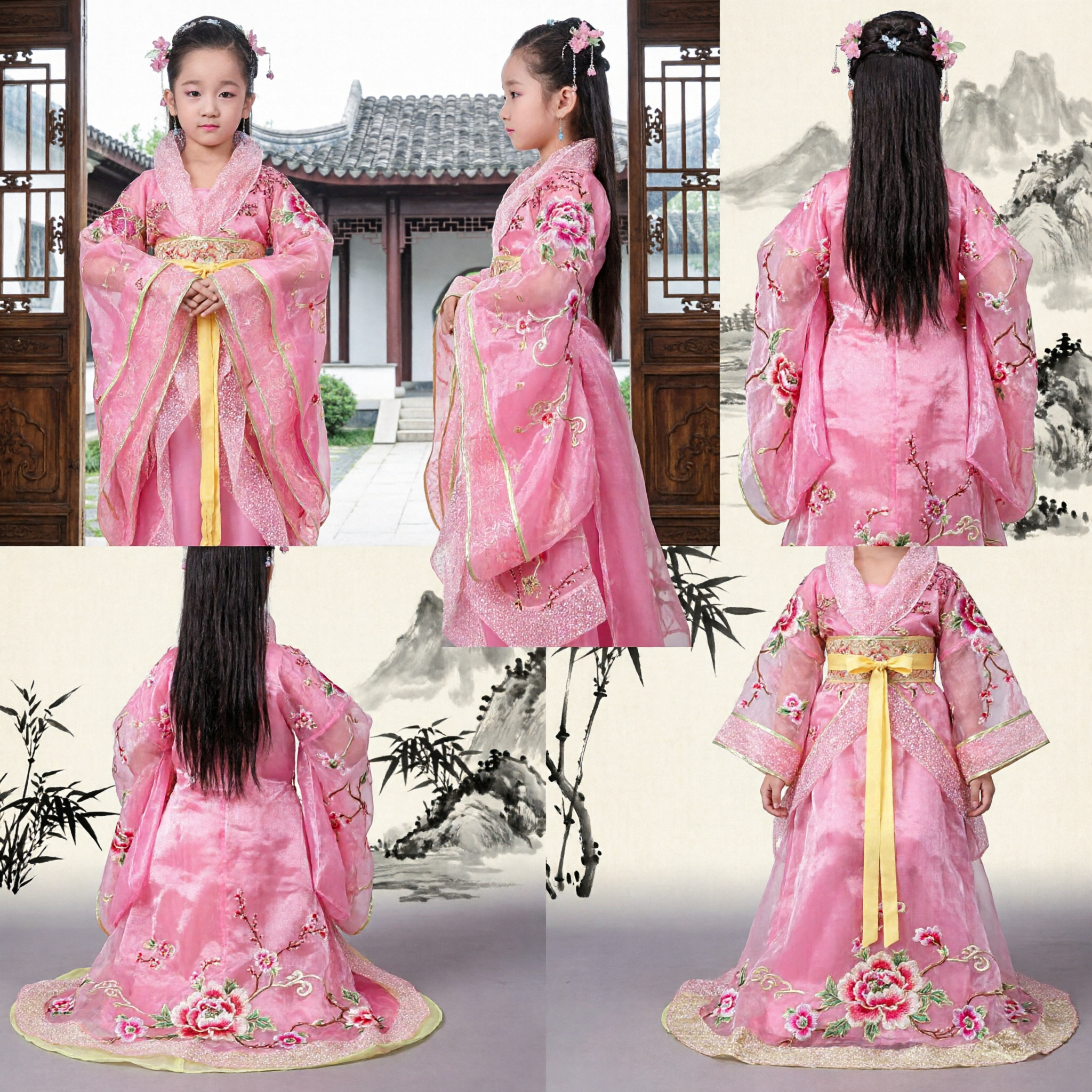 Girls Pink Ancient Chinese Princess Hanfu Costume Traditional Tang Dynasty Fairy Dress for Kids Stage Performance - Asian Costume