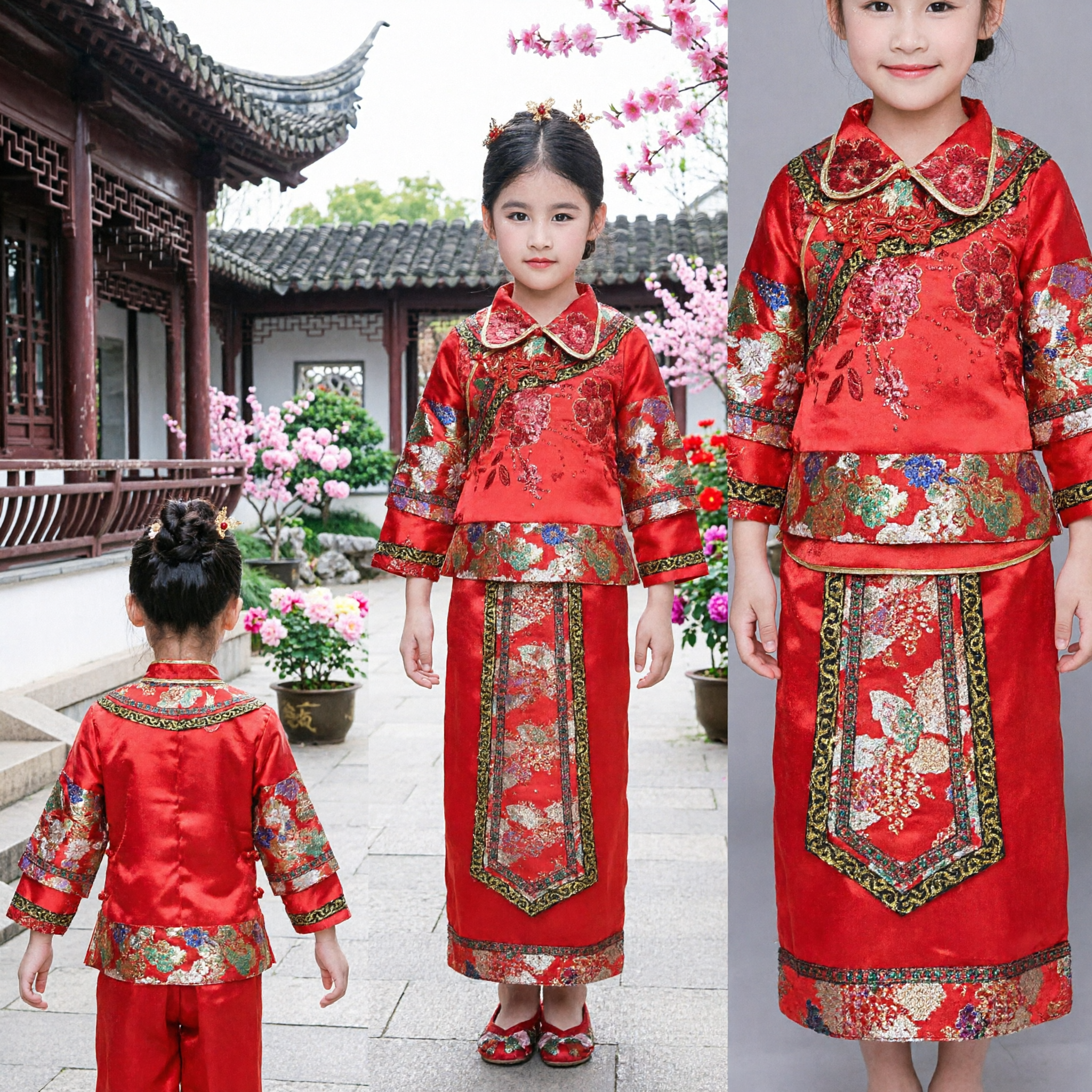Traditional Chinese New Year Costume for Girls Red Tang Suit Hanfu Set Kids Spring Festival Wedding Dress - Asian Costume