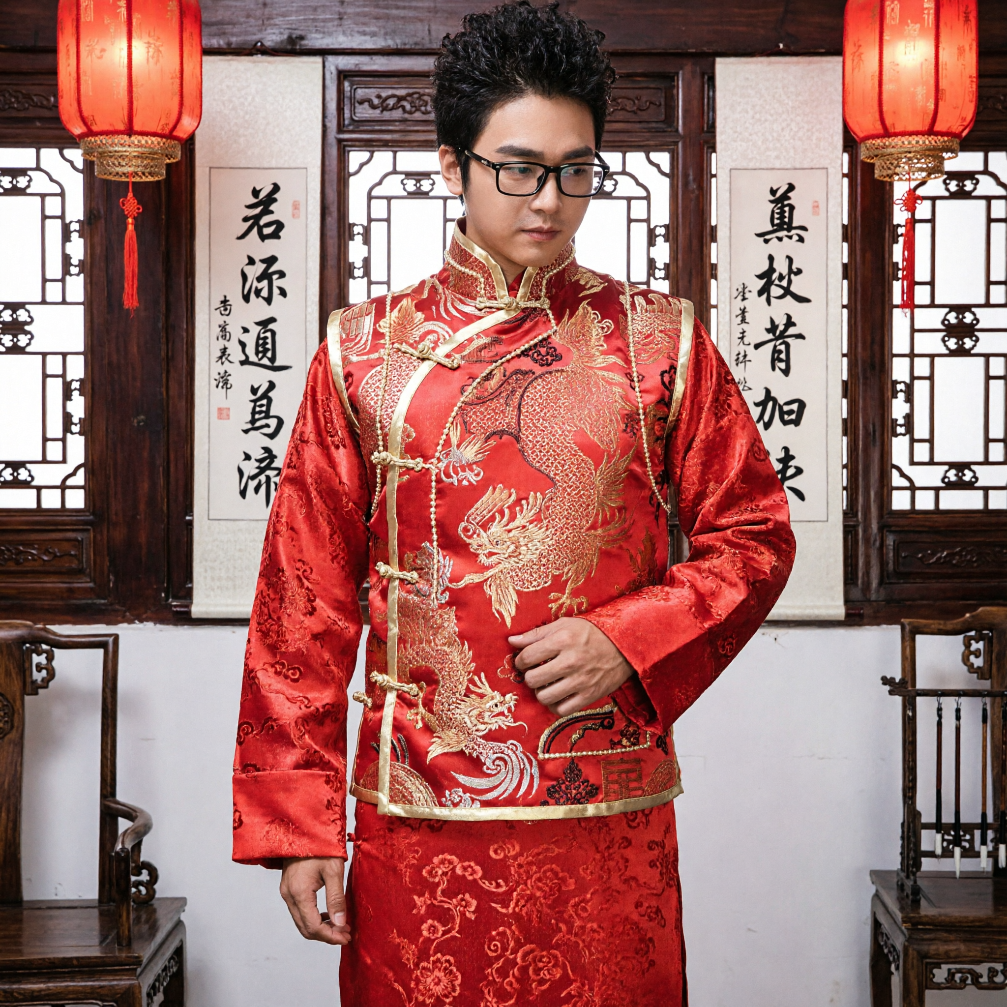 Men's Traditional Chinese Wedding Groom Costume Red Dragon Embroidery Brocade Tang Suit Changshan Formal Wear - Asian Costume