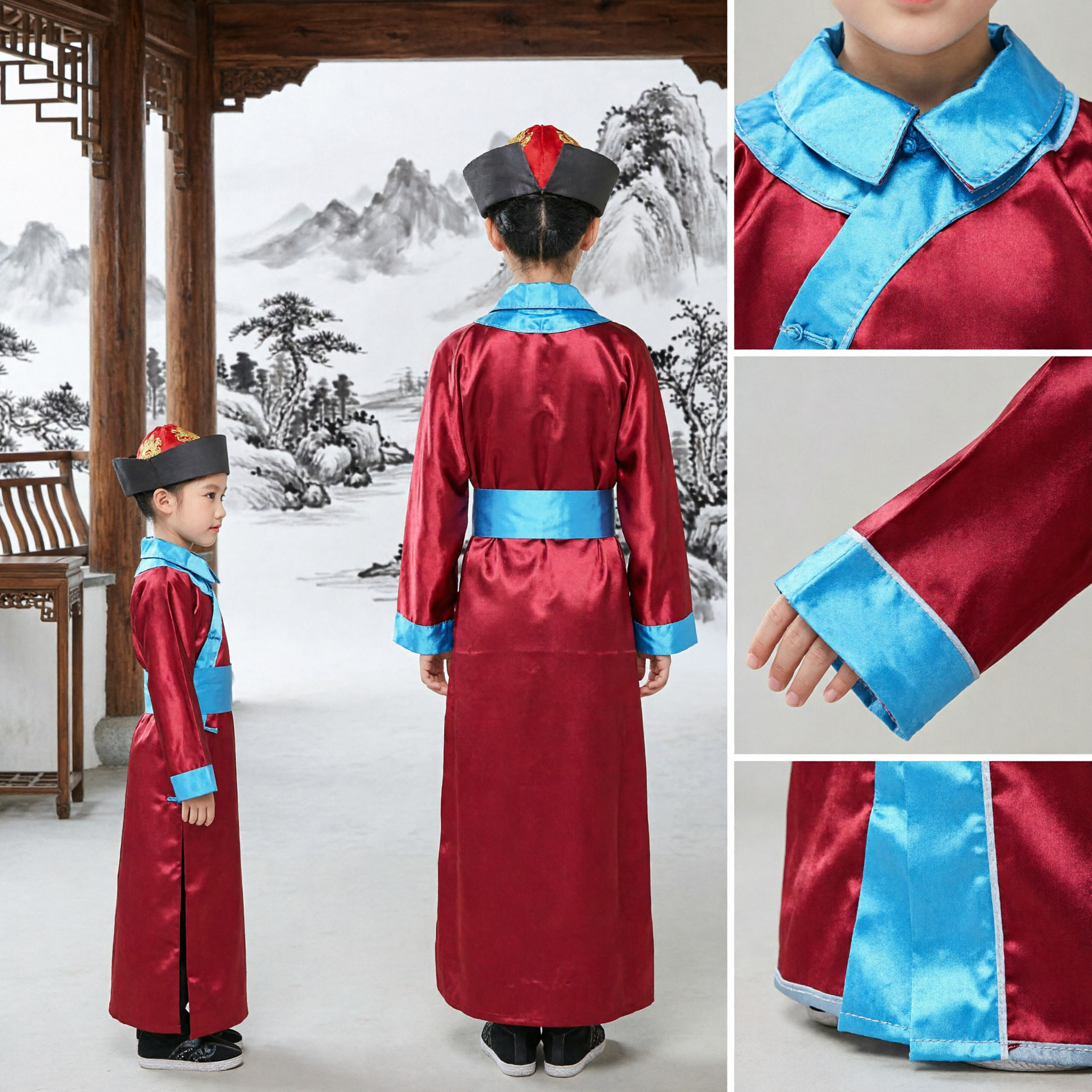 Boys Chinese Traditional Qing Dynasty Ancient Scholar Costume Red Satin Robe for Kids Stage Performance - Asian Costume