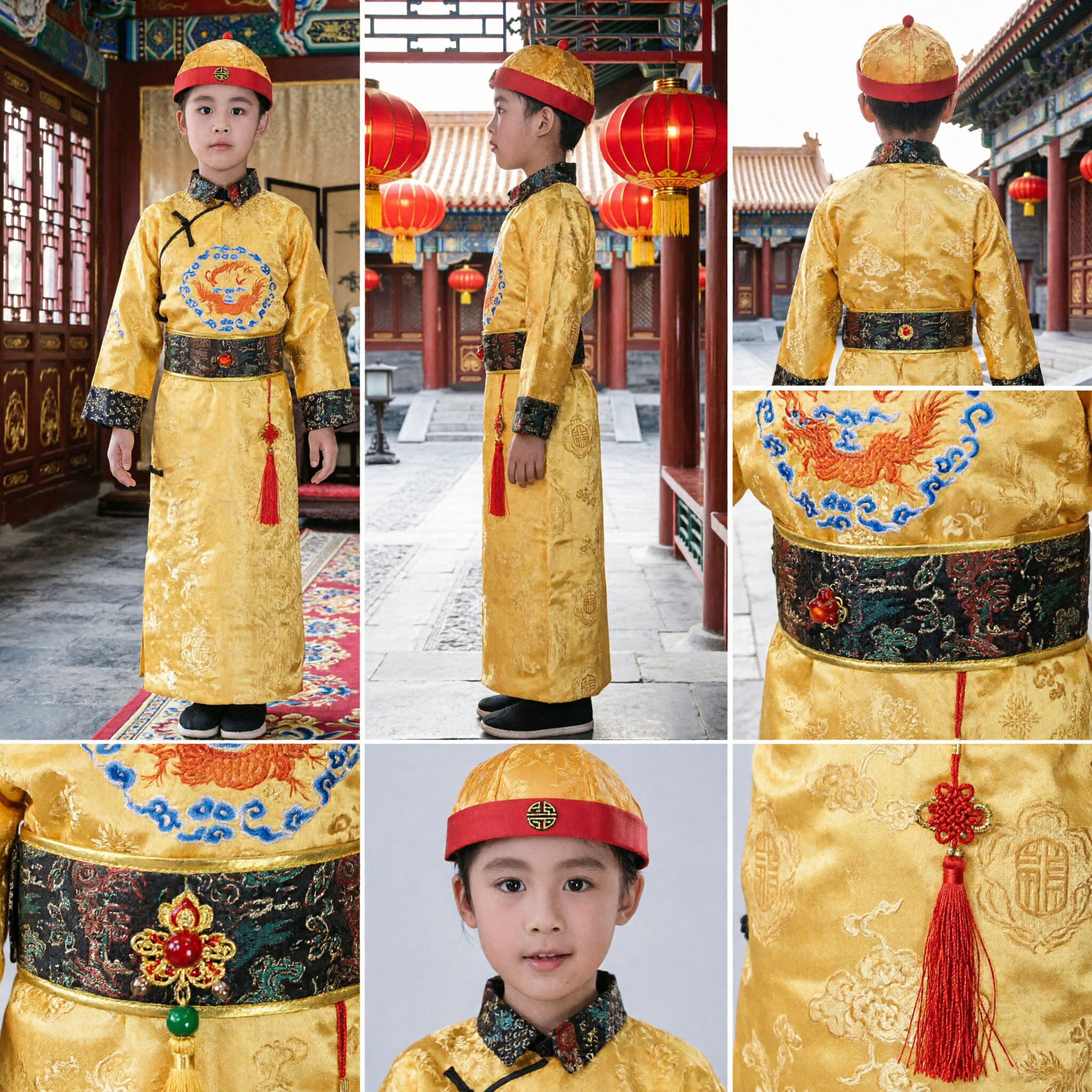 Kids Boys Traditional Chinese Qing Dynasty Emperor Costume Yellow Dragon Robe and Hat Set for Performance - Asian Costume