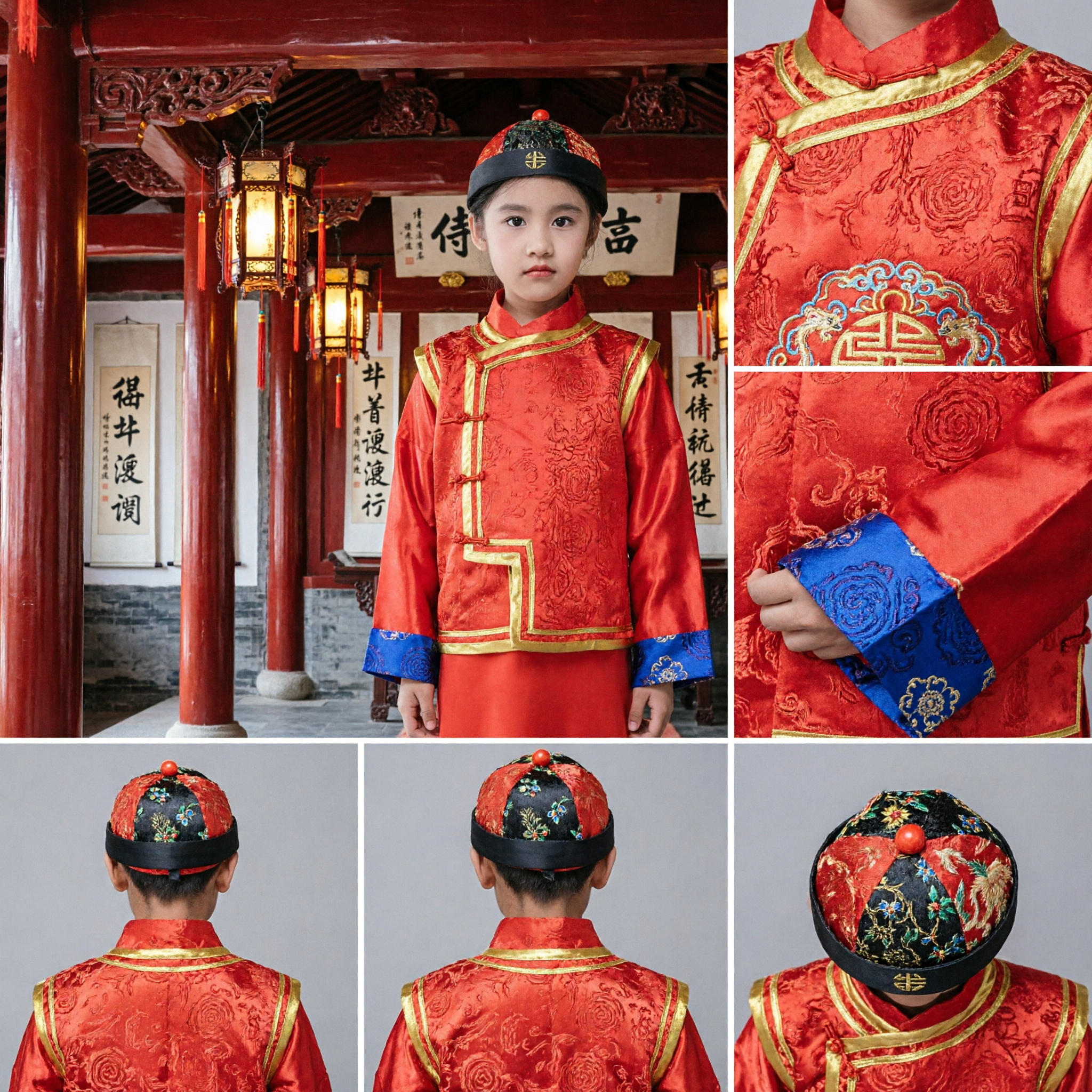 Traditional Chinese Kids Tang Suit Red Long Robe Vest Set for Lunar New Year Performance Costume - Asian Costume