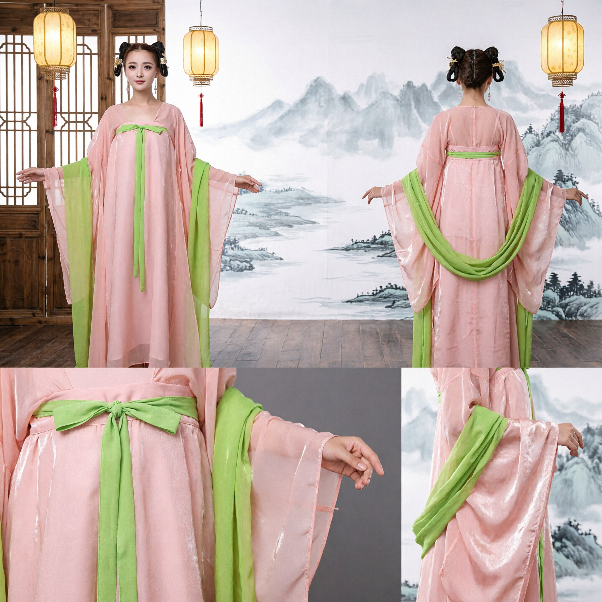 Elegant Pink and Green Tang Dynasty Hanfu Traditional Chinese Ancient Costume for Women Performance - Asian Costume