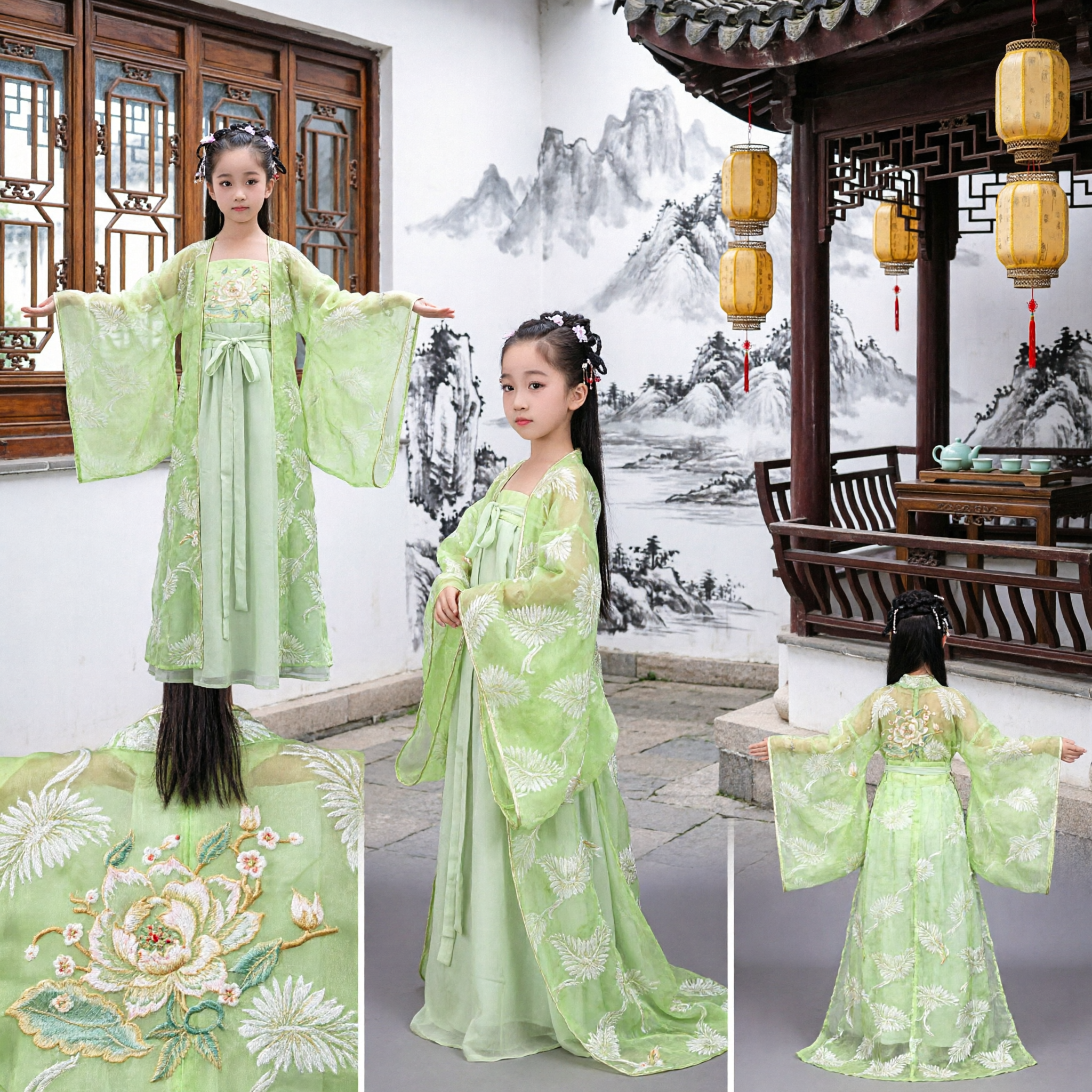 Traditional Chinese Hanfu Costume for Kids Girls Green Tang Dynasty Ancient Dress for Performance Party - Asian Costume
