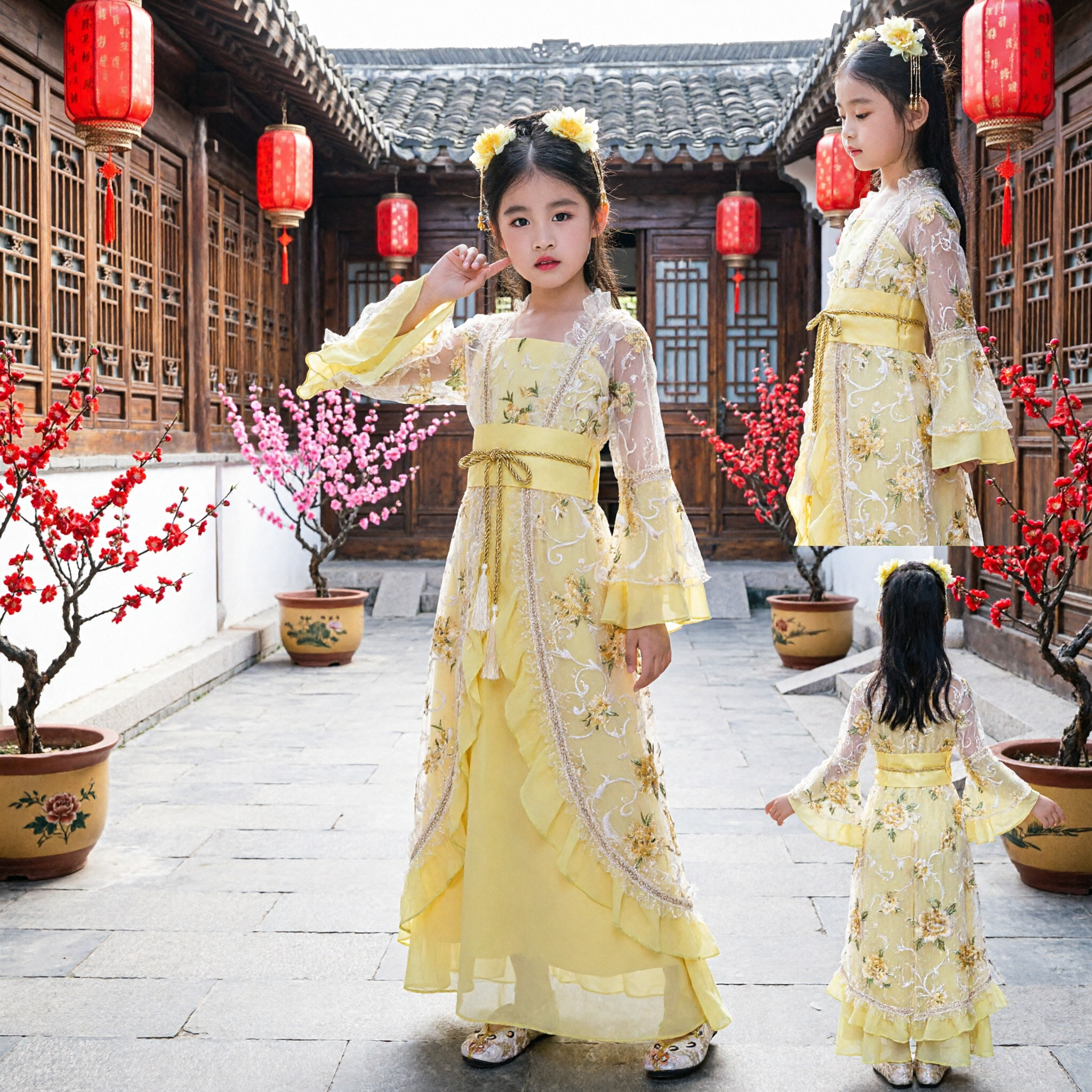 Girls Yellow Traditional Chinese Hanfu Dress Kids Ancient Tang Dynasty Princess Costume for Performance Dance - Asian Costume