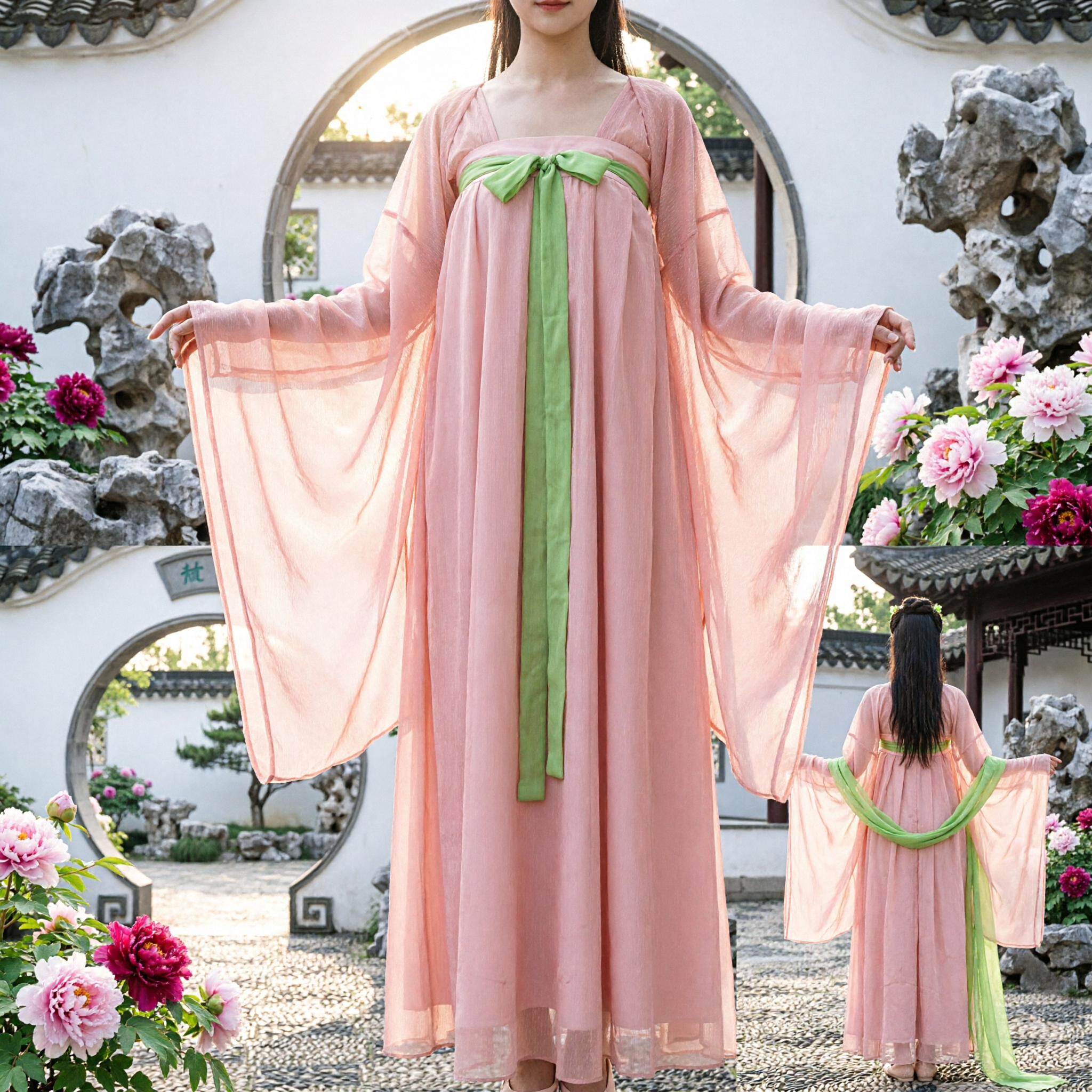 Elegant Pink Chiffon Tang Dynasty Hanfu Ancient Chinese Palace Dress with Green Sash for Women - Asian Costume