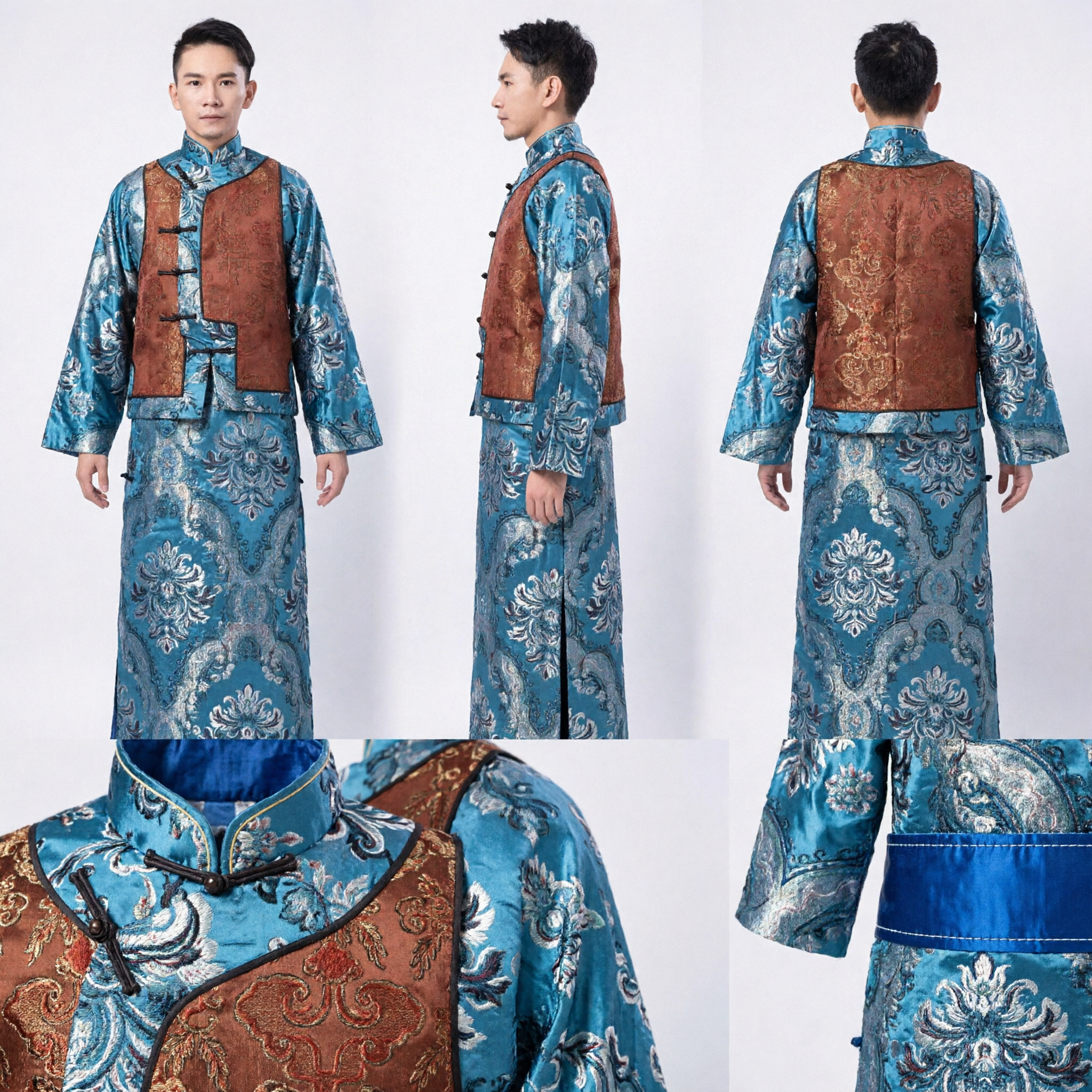 Traditional Chinese Blue Brocade Changshan Robe with Brown Vest Men's Minguo Scholar Stage Performance Costume - Asian Costume
