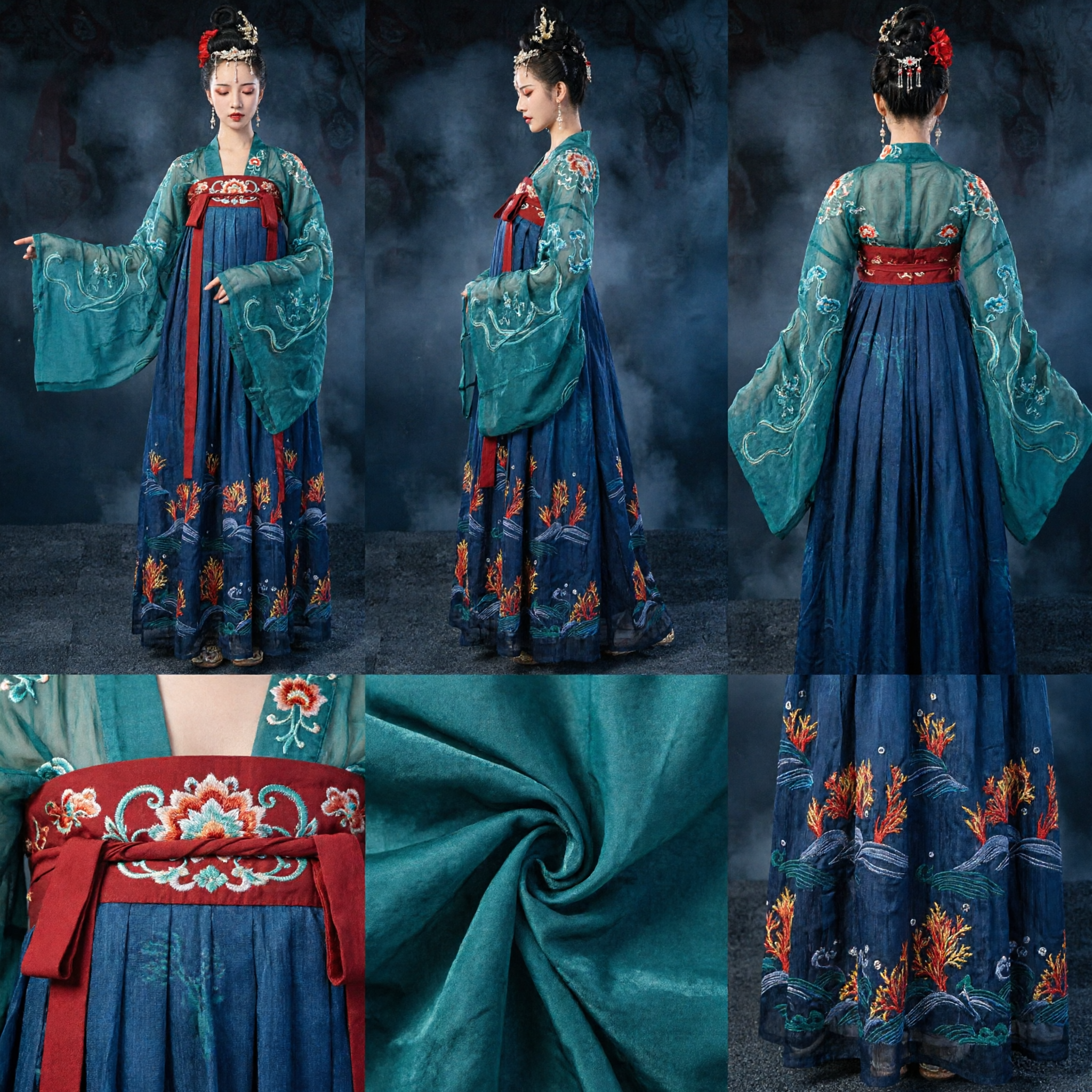 Traditional Chinese Hanfu Tang Dynasty Costume Ancient Blue Green Dress for Women Historical Dance Performance - Asian Costume