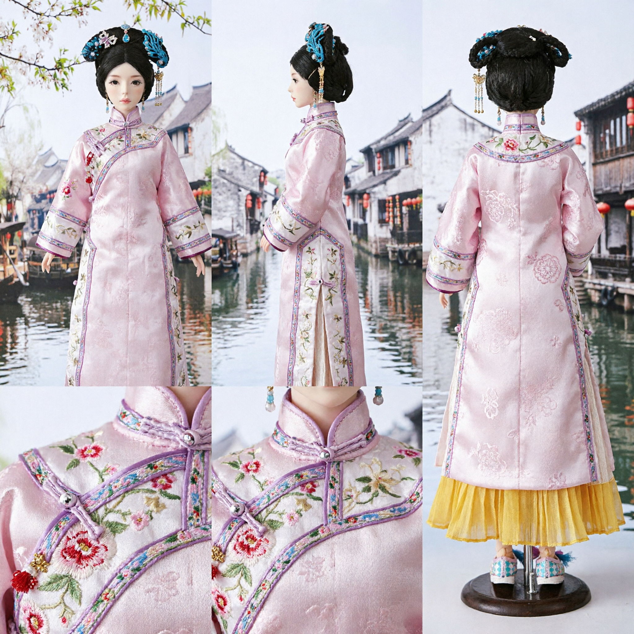 Traditional Chinese Qing Dynasty Princess Costume Pink Embroidered Robe and Headdress Set for Collectible Dolls - Asian Costume