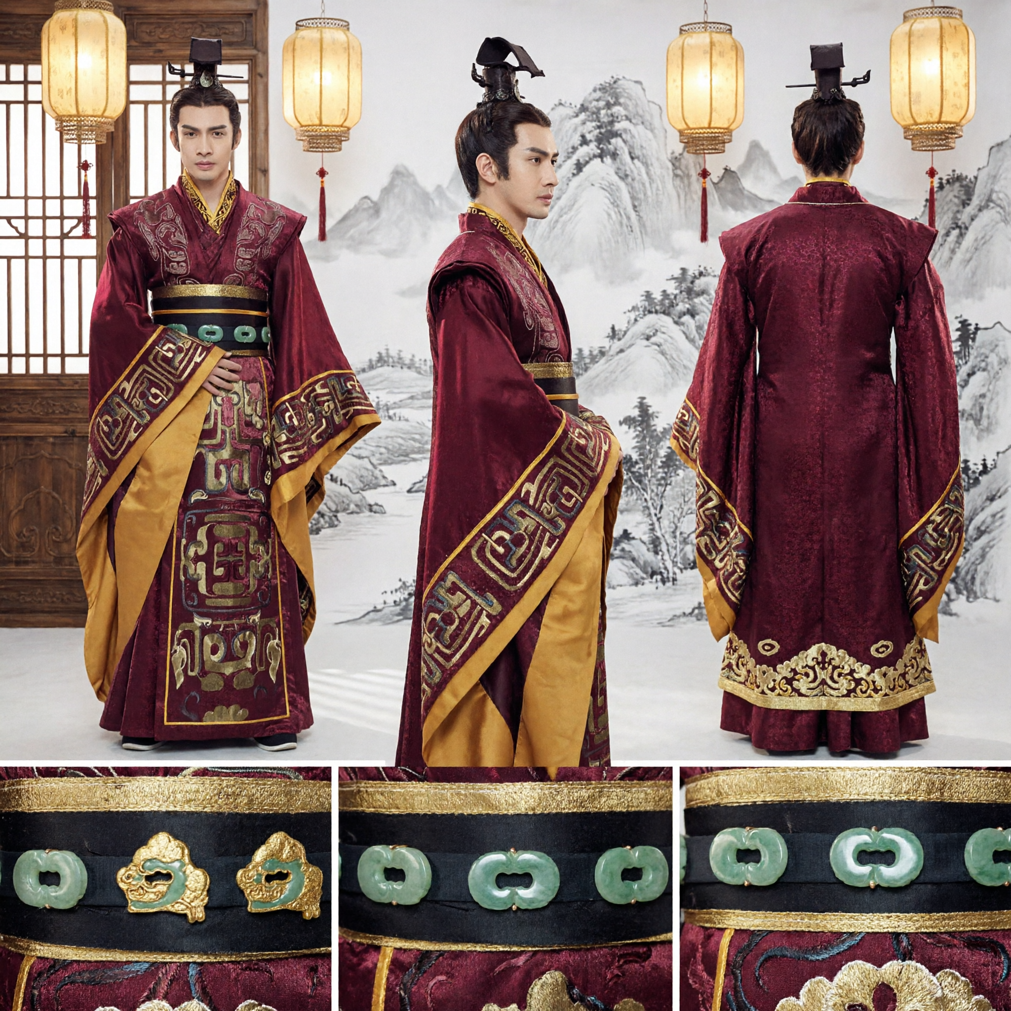 Men's Ancient Chinese Emperor Hanfu Costume Burgundy Gold Embroidered Robe for Cosplay Stage Performance - Asian Costume