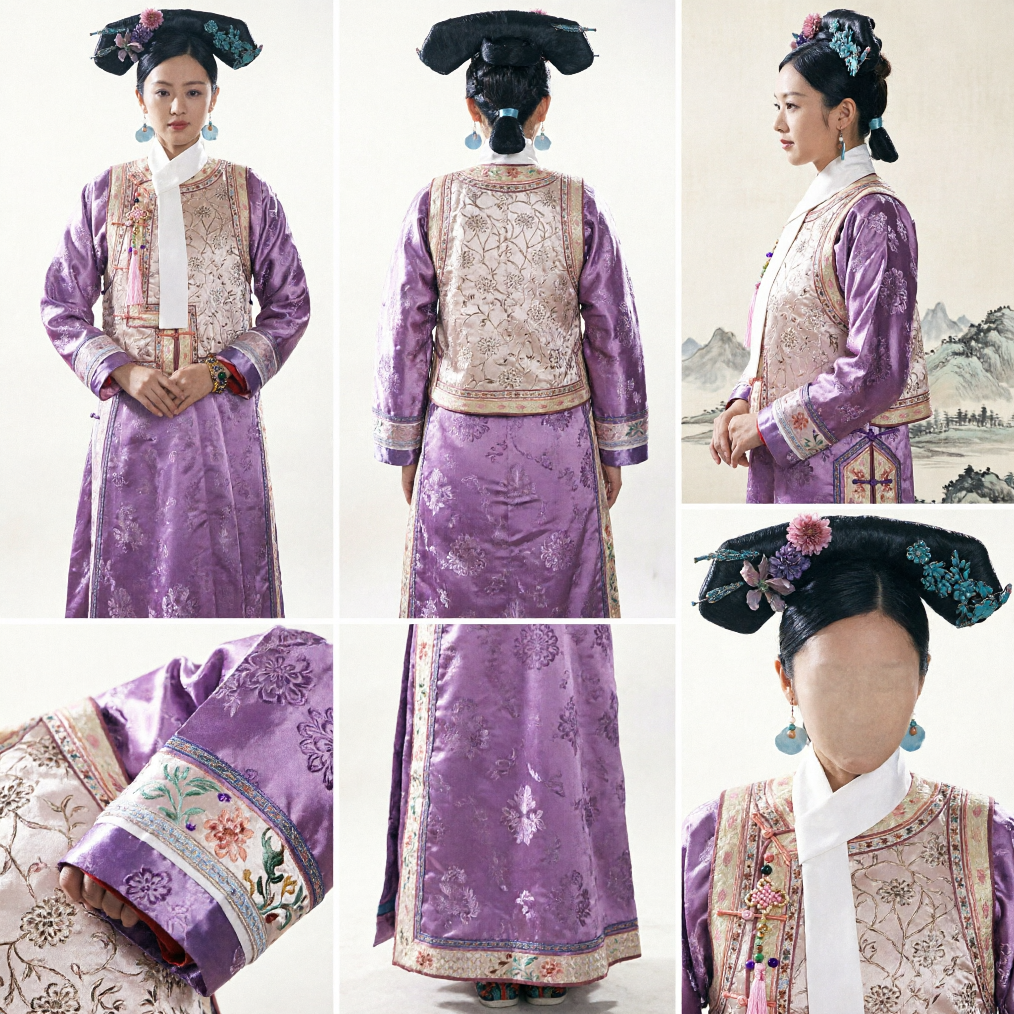 Ancient Chinese Qing Dynasty Manchu Palace Lady Costume Purple Embroidered Robe and Headwear Set for Women Cosplay - Asian Costume
