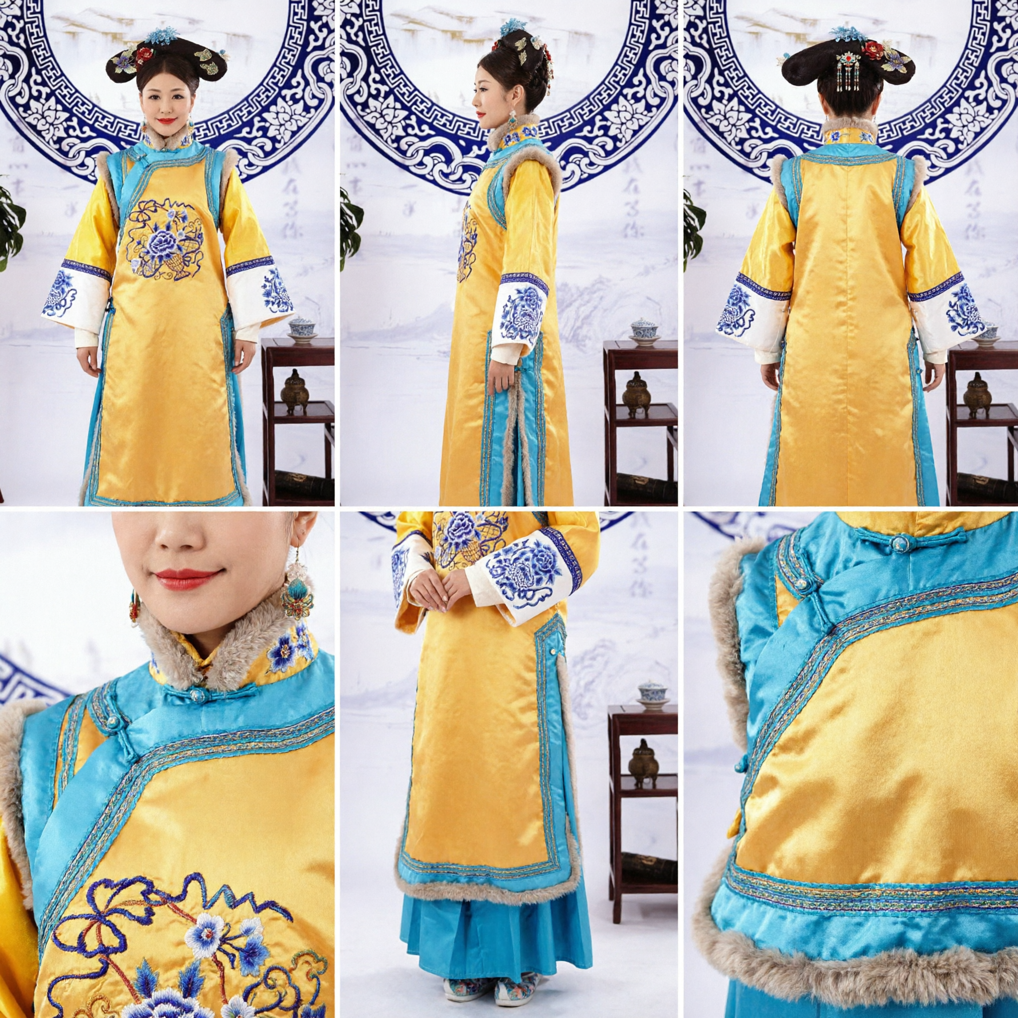 Traditional Chinese Qing Dynasty Manchu Princess Costume Yellow Embroidered Ancient Palace Dress for Women Stage Performance - Asian Costume