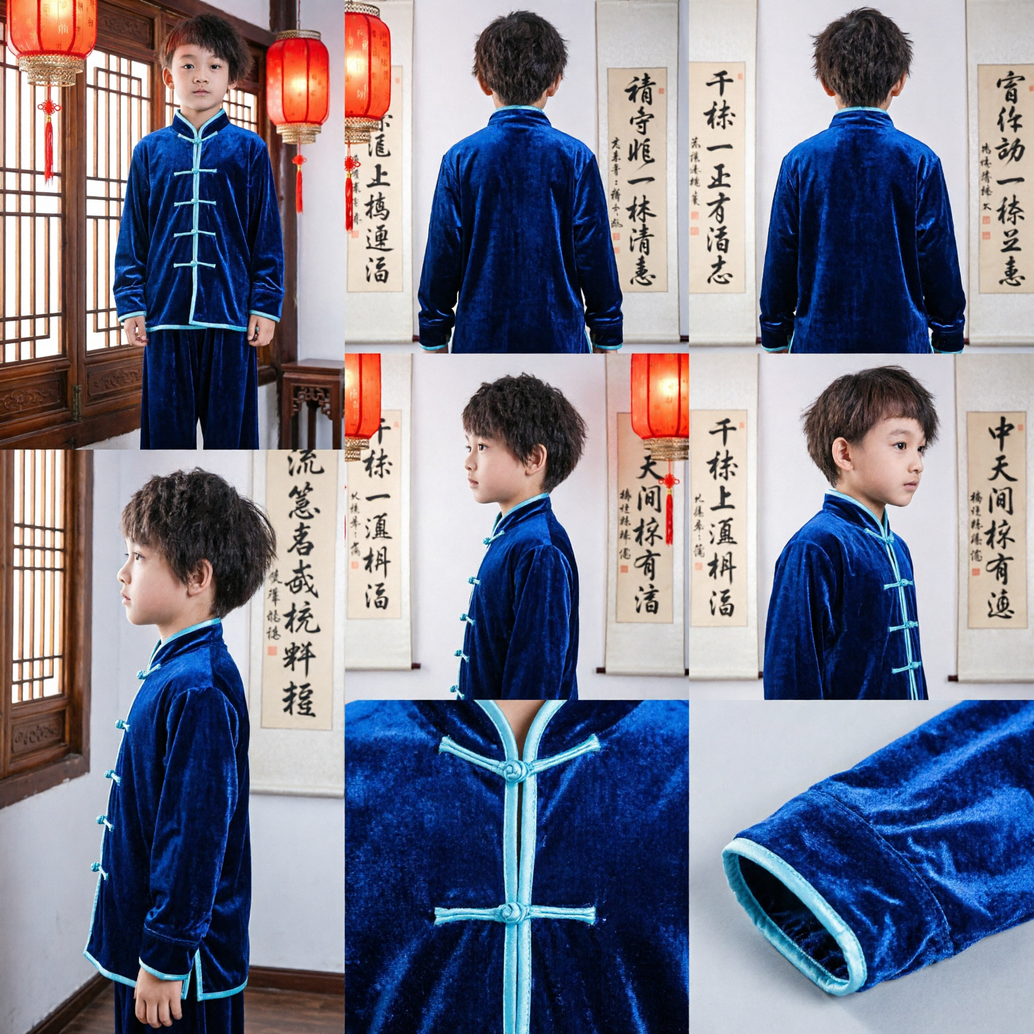 Kids Blue Velvet Kung Fu Uniform Traditional Chinese Martial Arts Tai Chi Suit for Boys Performance - Asian Costume
