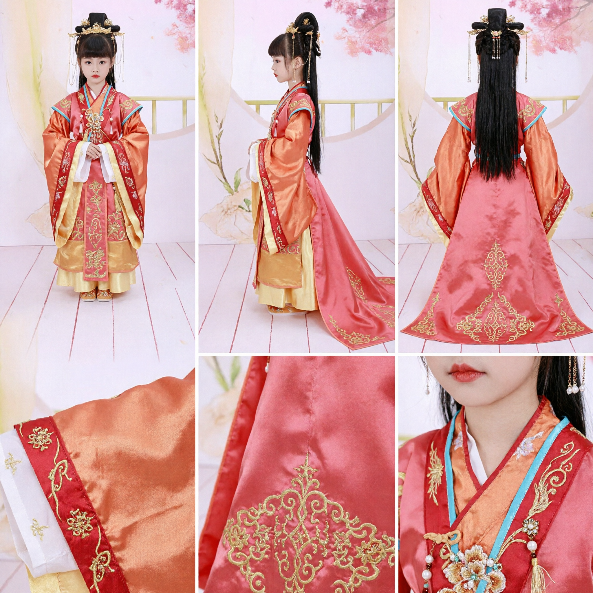 Traditional Chinese Hanfu Costume for Girls Kids Ancient Princess Dress Orange Embroidered Tang Dynasty Style - Asian Costume