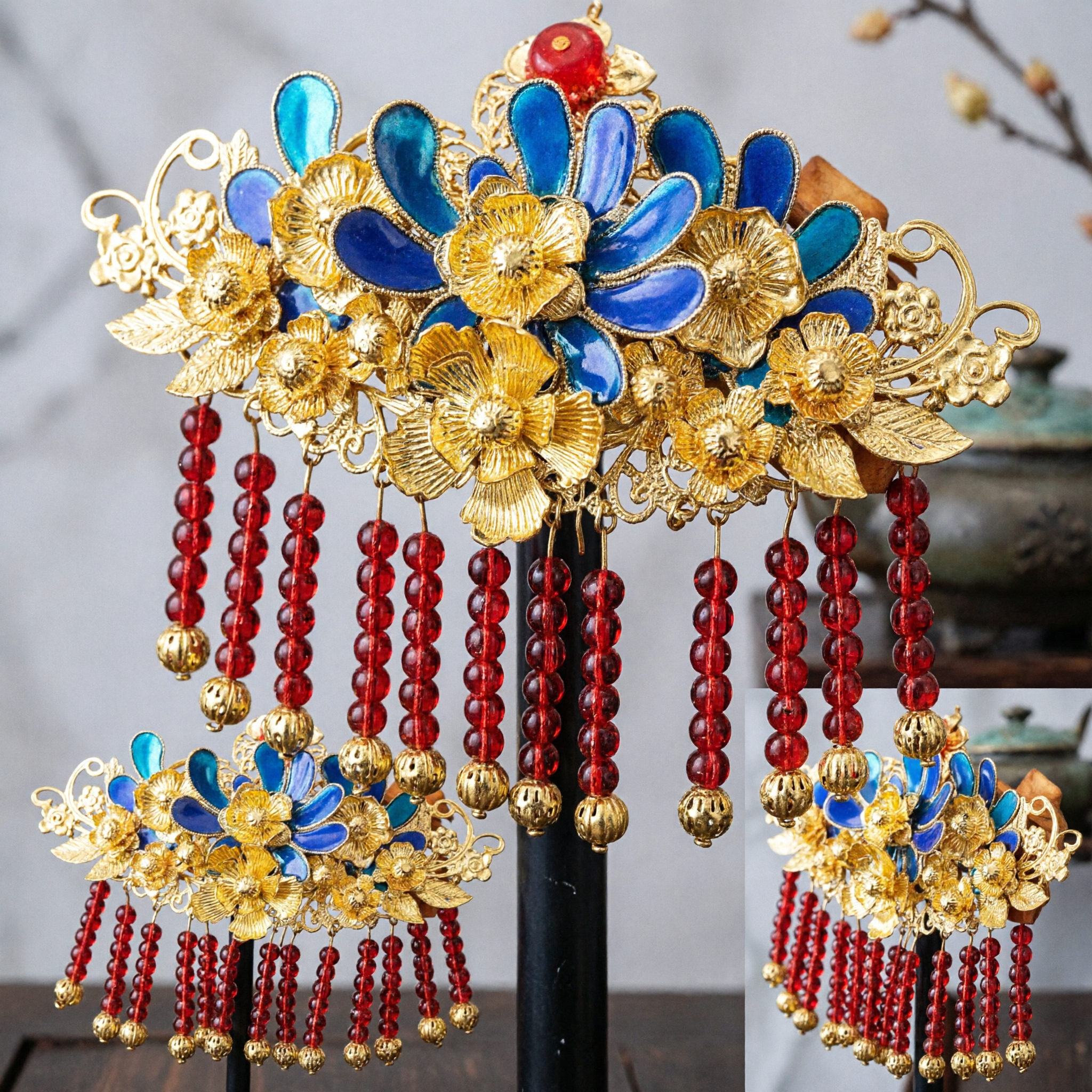 Traditional Chinese Gold Hairpin Blue Enamel Flower Hair Ornament with Red Tassels for Hanfu Wedding Bride - Asian Costume