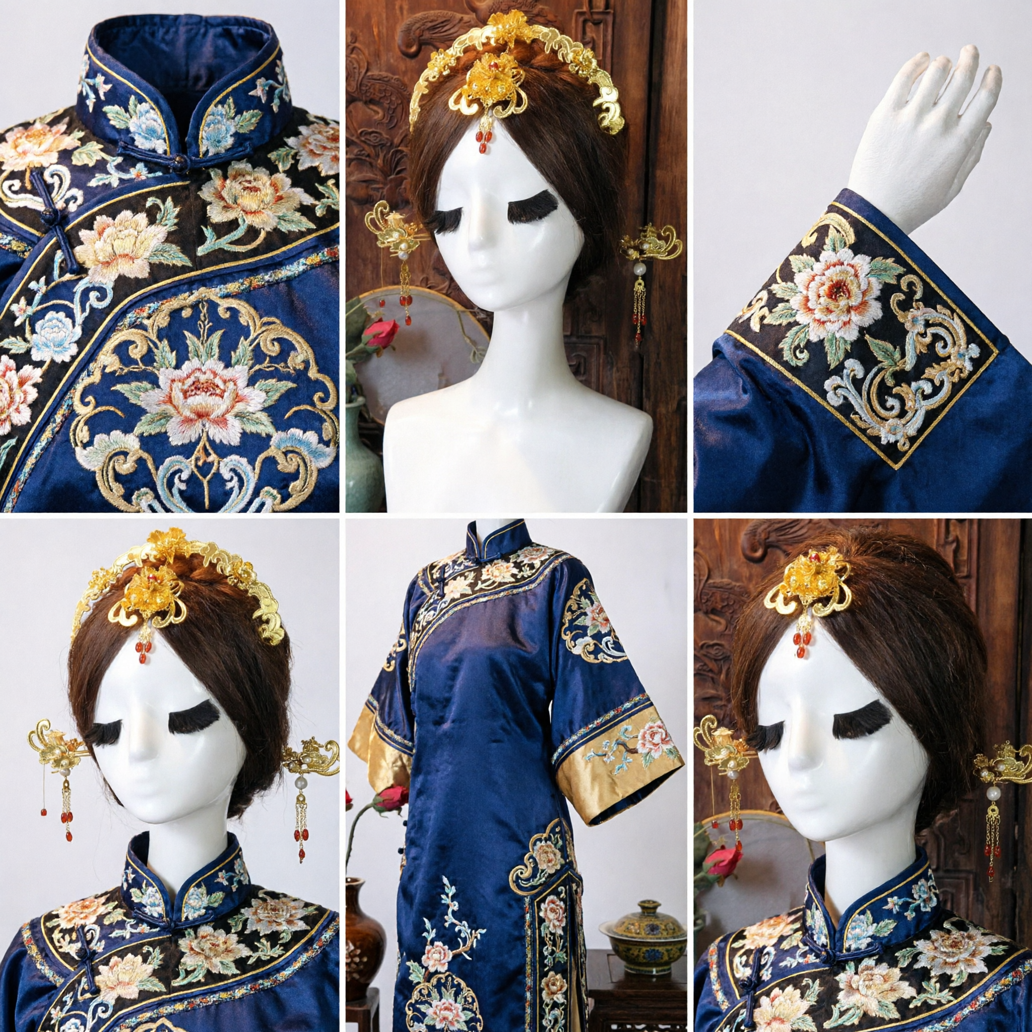 Traditional Chinese Gold Floral Crown and Phoenix Hairpins Set Hanfu Headpiece Jewelry for Wedding Bride Cosplay - Asian Costume