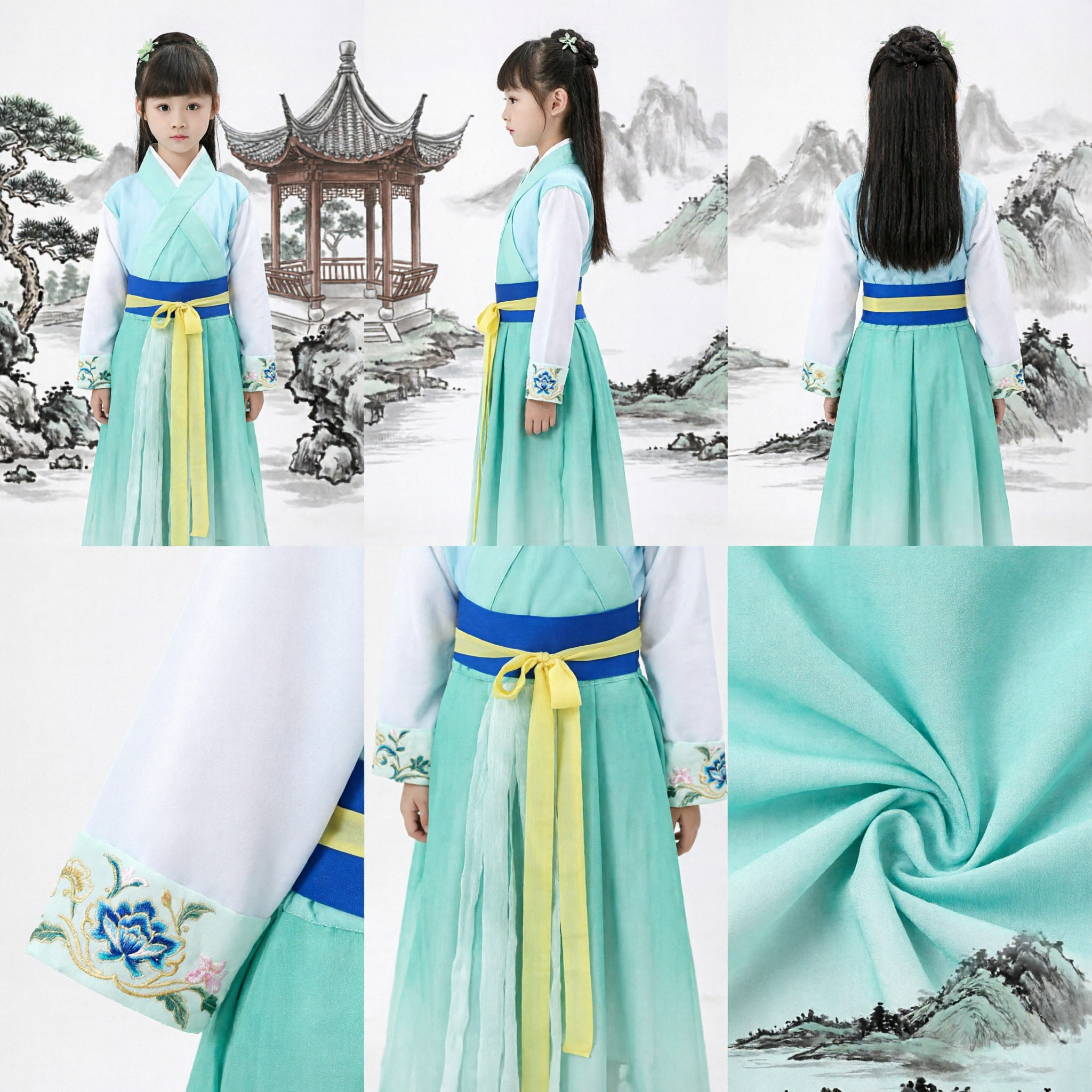 Kids Chinese Hanfu Traditional Costume Ancient Fairy Dress Blue Green Performance Outfit for Girls - Asian Costume