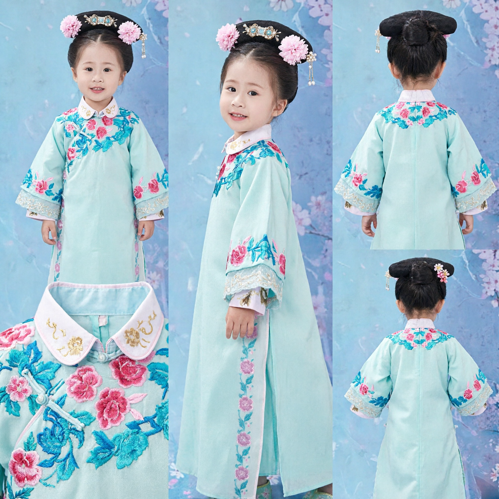 Chinese Traditional Qing Dynasty Manchu Princess Dress for Kids Girls Embroidered Costume Performance - Asian Costume