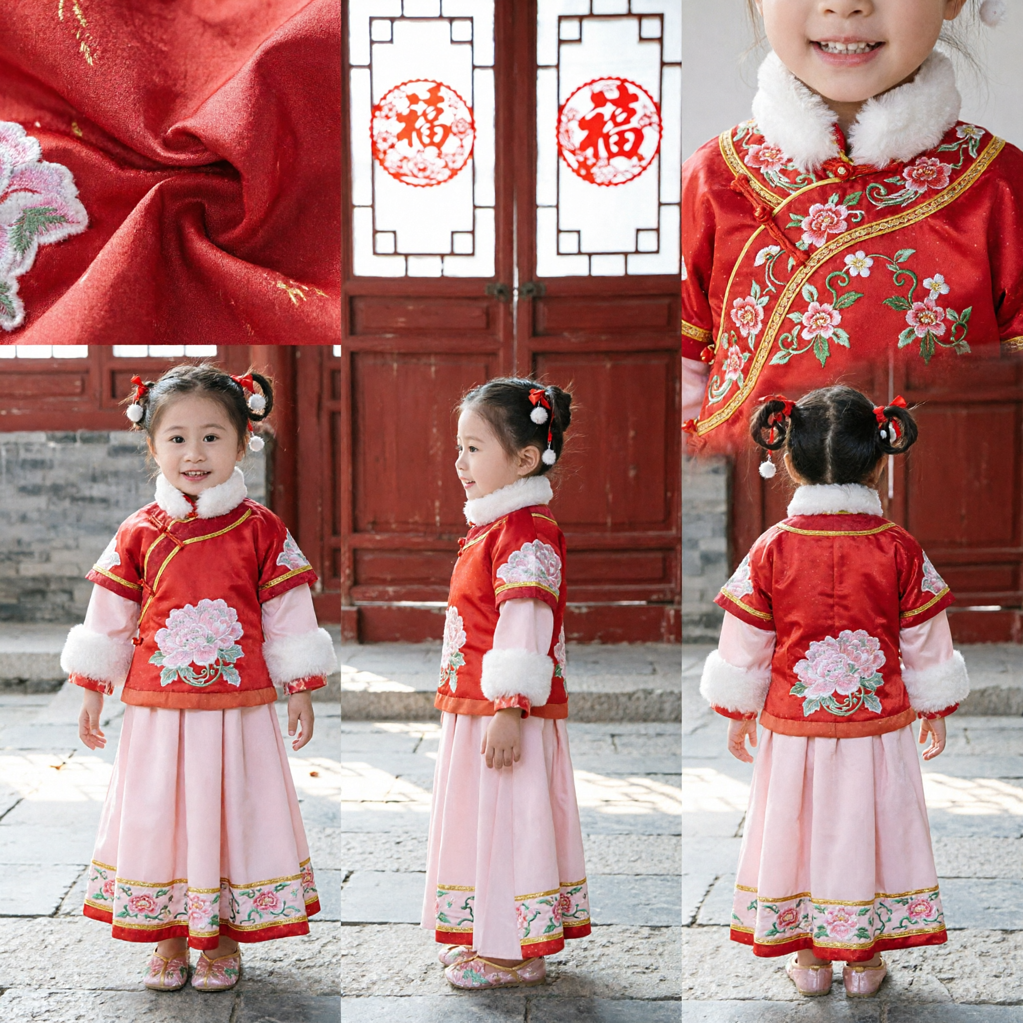 Traditional Chinese Winter Hanfu Set for Girls Red Fur Trim Tang Suit Top Pink Skirt Lunar New Year - Asian Costume