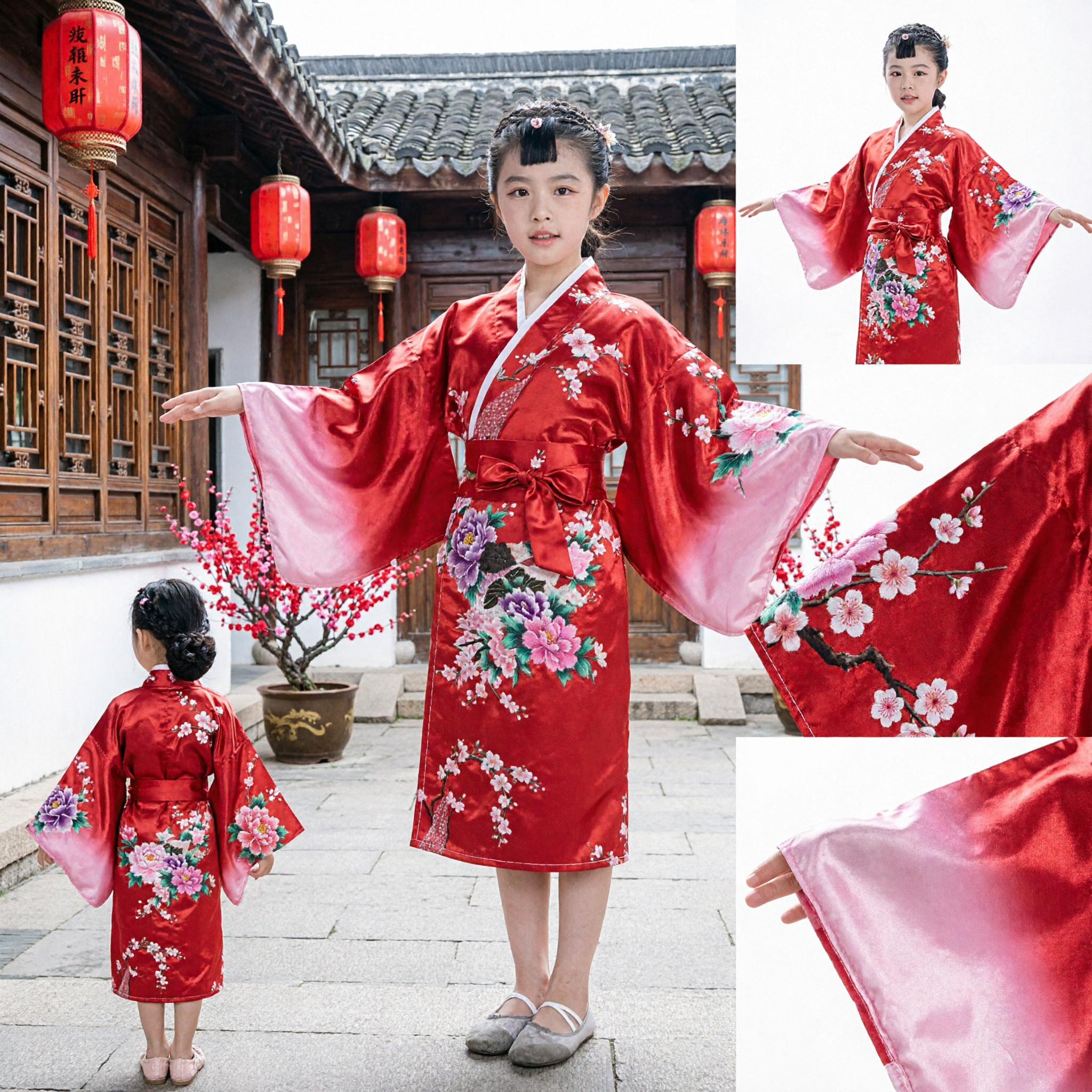 Traditional Chinese Red Hanfu Costume for Girls Floral Embroidery Kids Festival Dance Performance Wear - Asian Costume