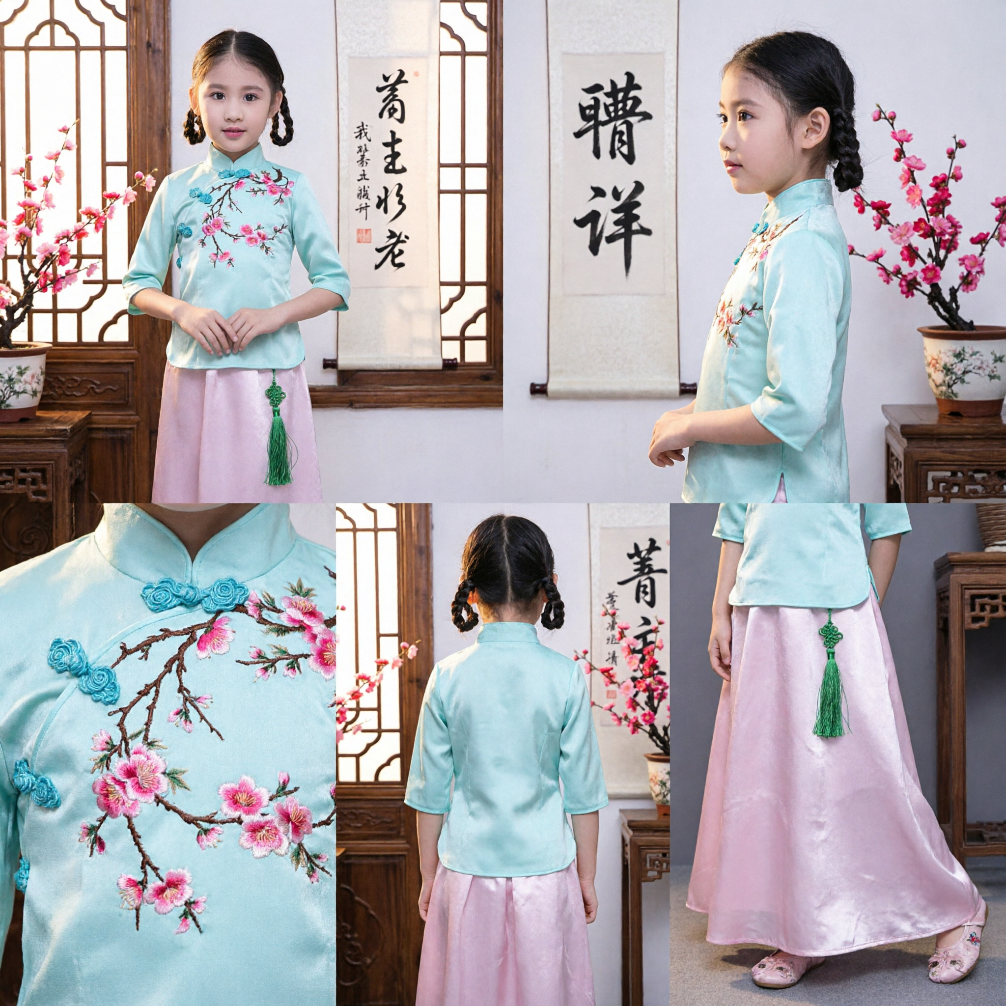 Girls Traditional Chinese Clothing Kids Hanfu Embroidered Floral Top and Pink Skirt Set for Festivals - Asian Costume