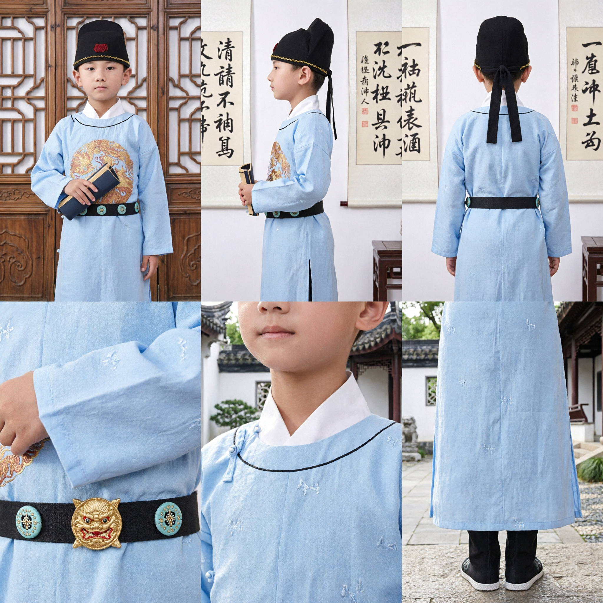 Ancient Chinese Traditional Ming Dynasty Official Robe for Kids Boys Light Blue Hanfu Costume Performance Wear - Asian Costume