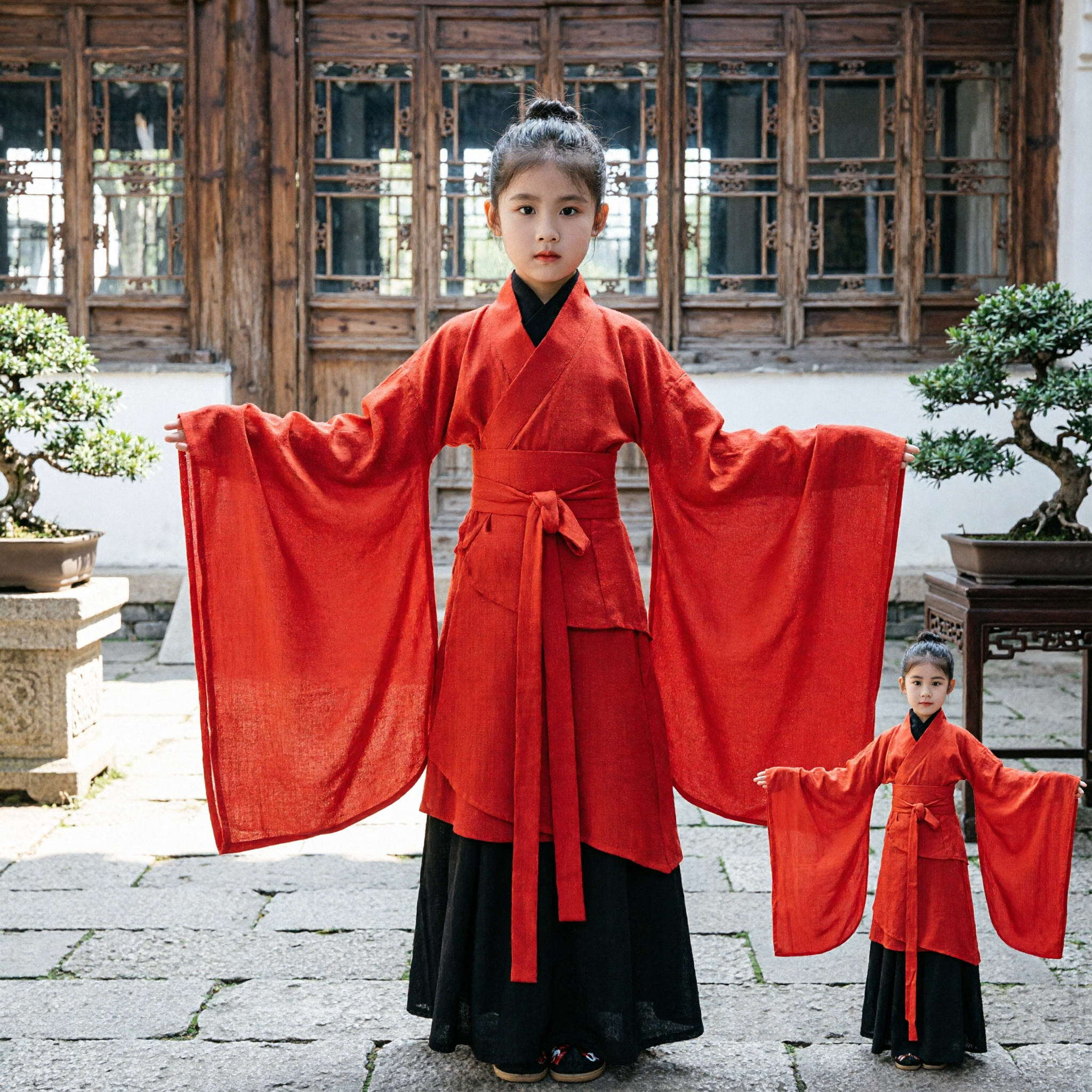 Traditional Chinese Hanfu Costume for Kids Girls Ancient Red Wide Sleeve Robe for Stage Performance - Asian Costume