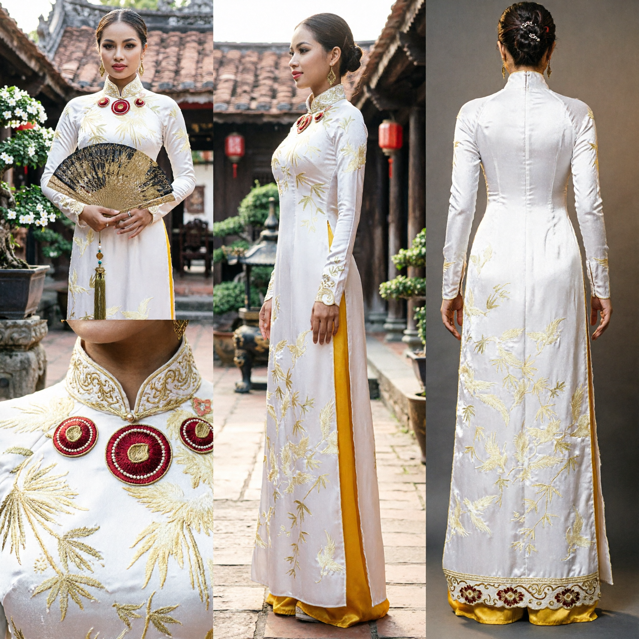 Elegant White Vietnamese Ao Dai Traditional Dress with Gold Embroidery for Women Wedding and Performance - Asian Costume