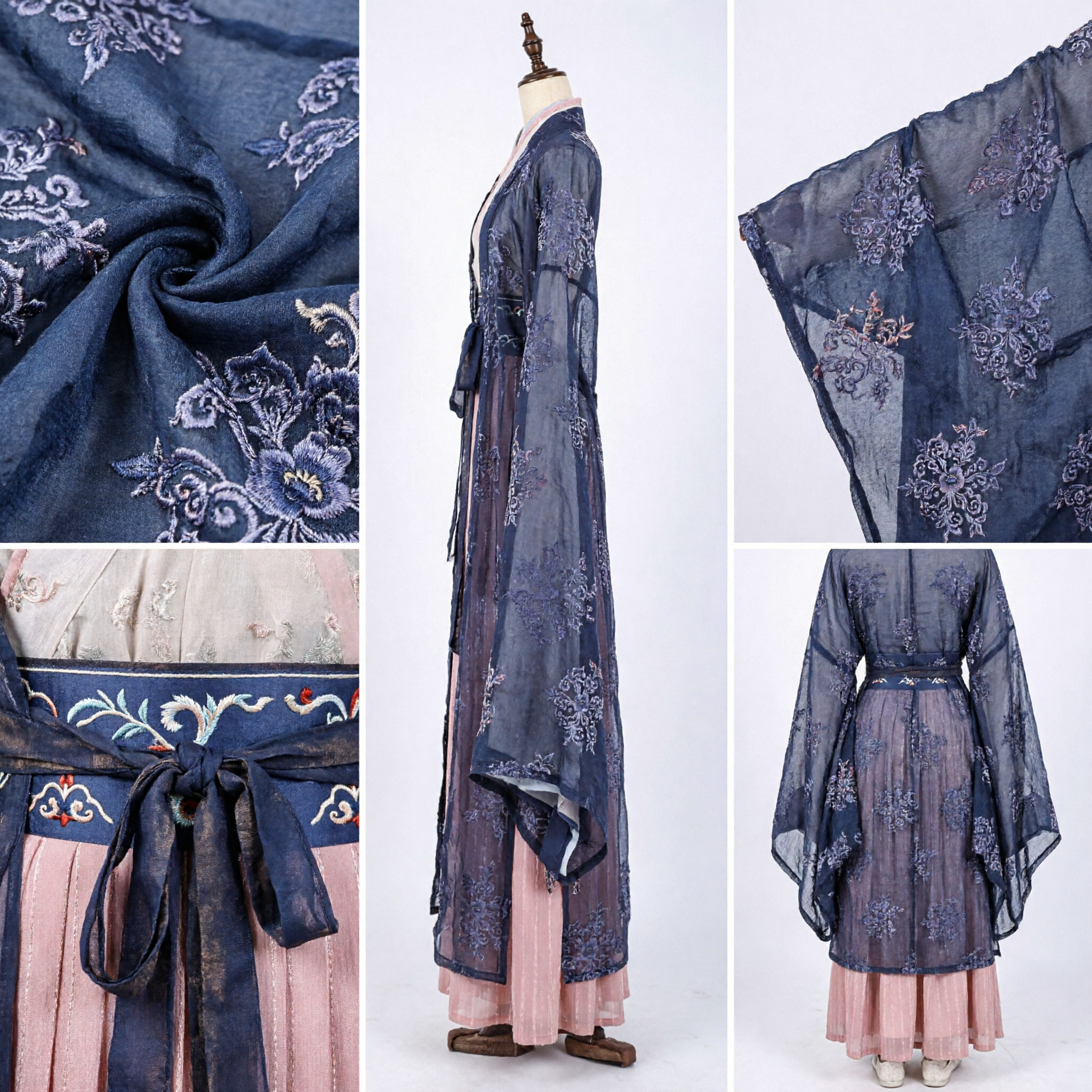 Traditional Chinese Hanfu Costume Women Blue Floral Sheer Robe and Pink Skirt Set for Ancient Cosplay - Asian Costume