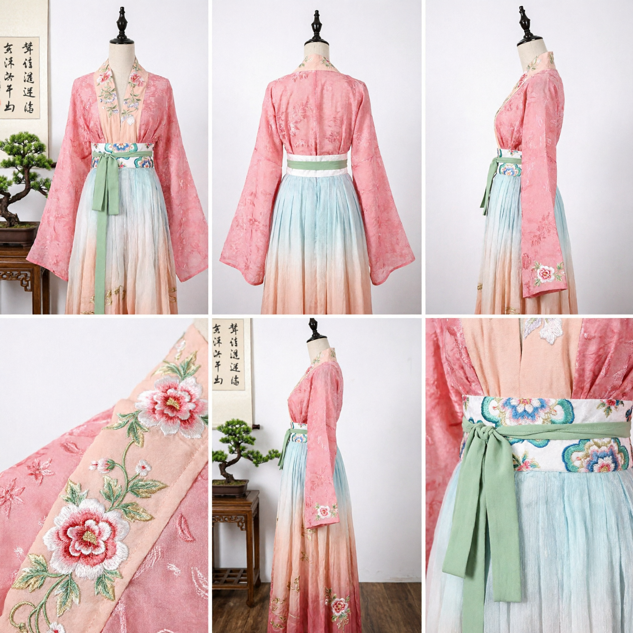 Elegant Pink Traditional Chinese Hanfu Set Embroidered Robe and Gradient Pleated Skirt Ancient Costume for Women - Asian Costume