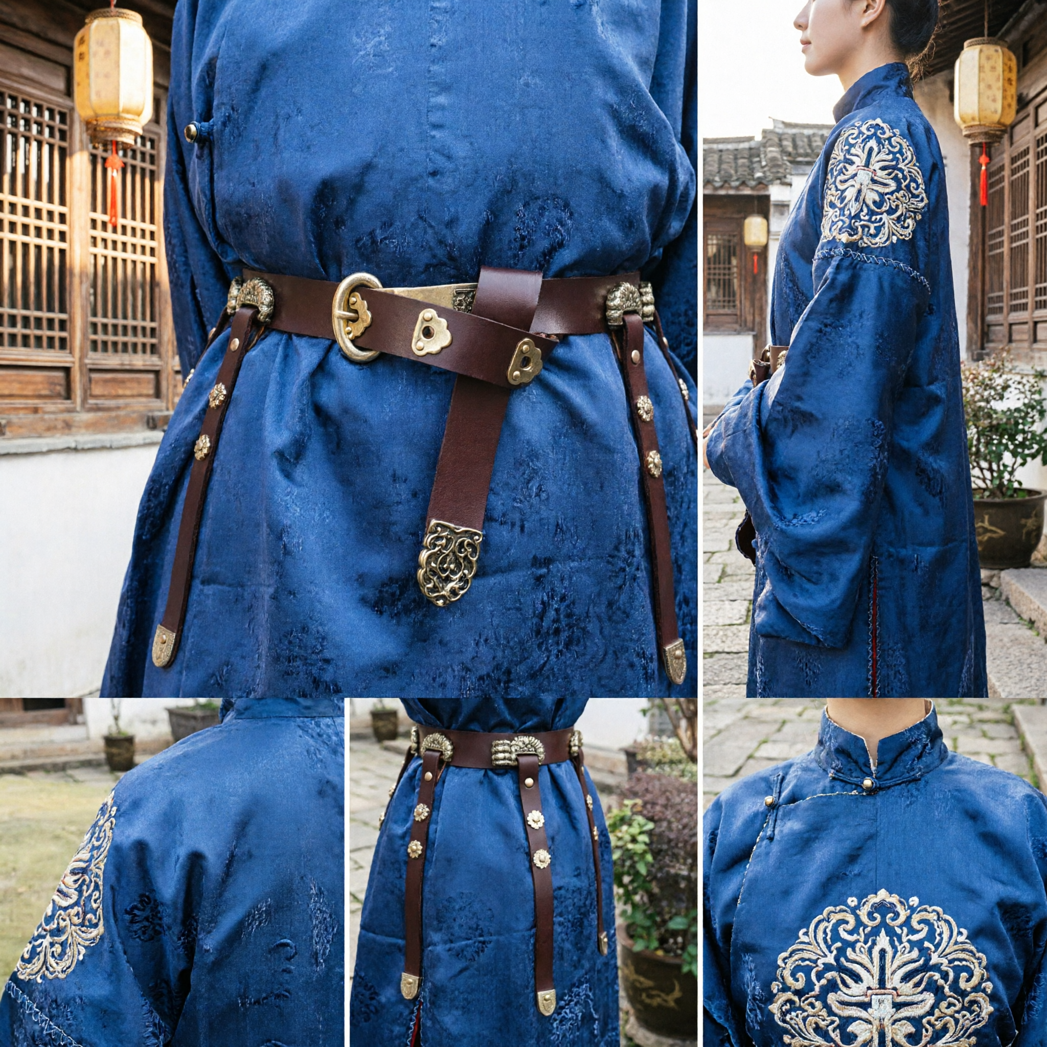 Traditional Chinese Hanfu Leather Waist Belt Ancient Costume Accessory with Brass Buckles for Historical Cosplay - Asian Costume