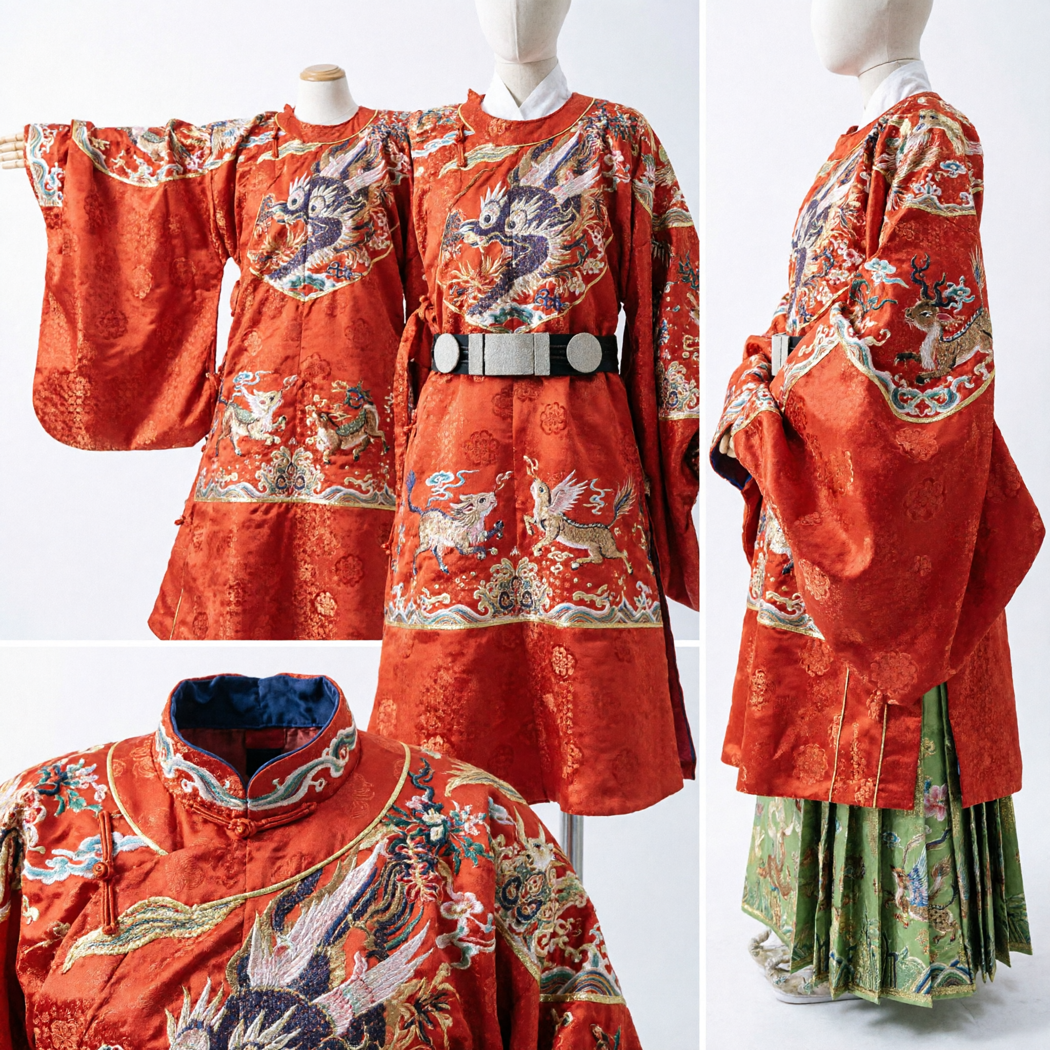 Traditional Chinese Ming Dynasty Wedding Hanfu Red Dragon Robe and Green Skirt Costume Set for Women - Asian Costume