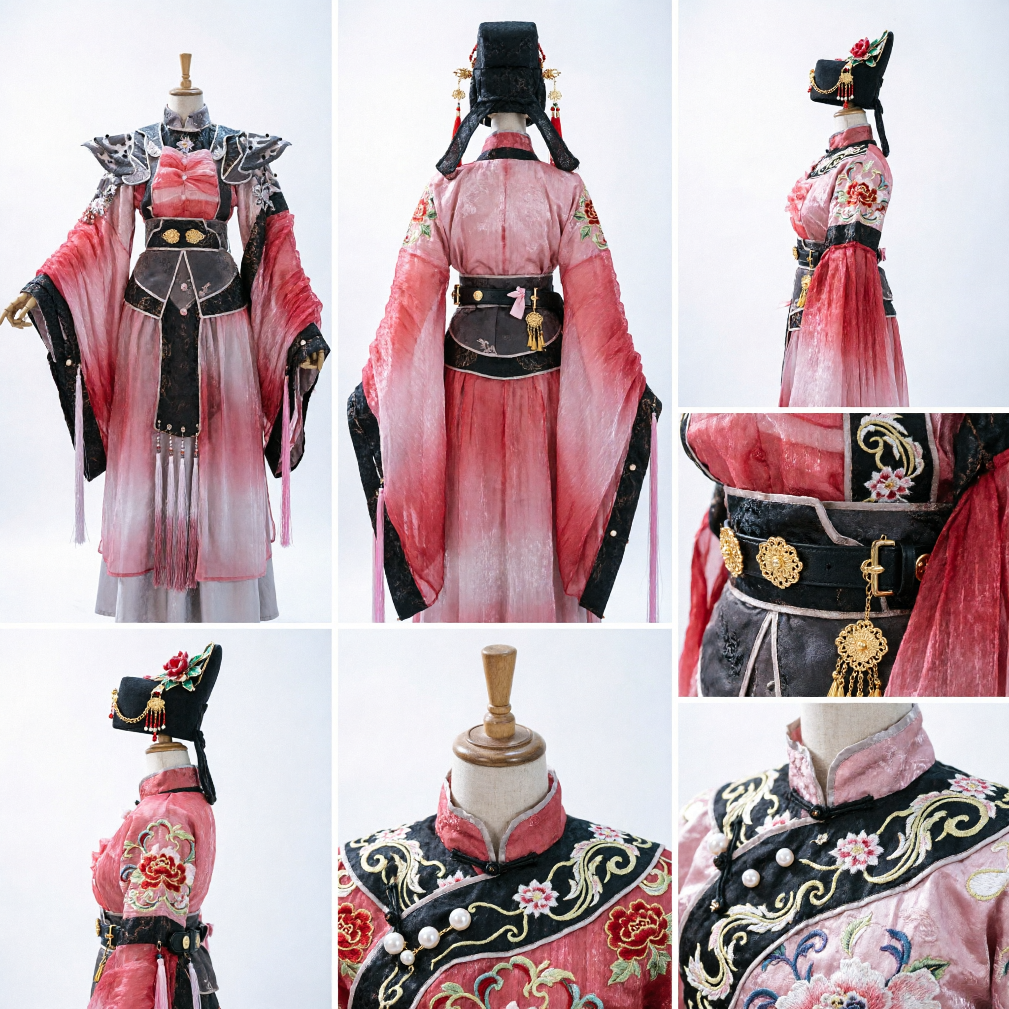 Ancient Chinese Wuxia Warrior Cosplay Costume Pink Gradient Hanfu Robe with Shoulder Armor for Stage Performance - Asian Costume