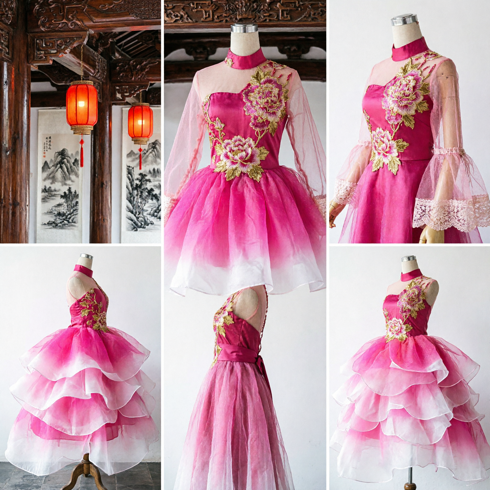 Women's Pink Chinese Traditional Flower Stage Costume Ruffled Dance Dress for Performance - Asian Costume