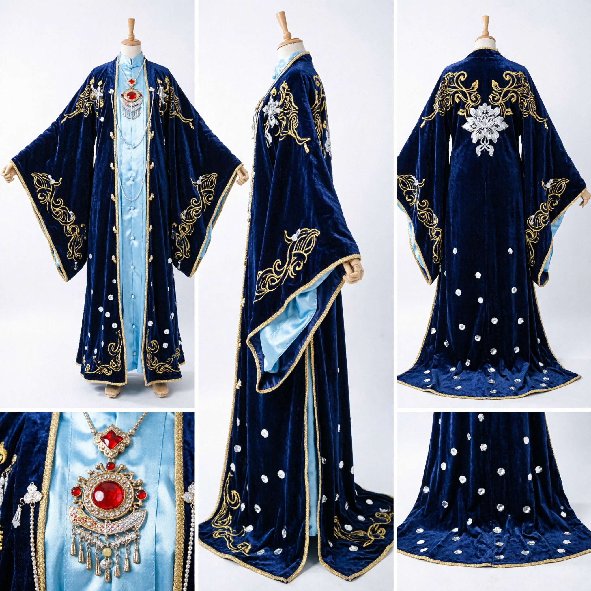 Traditional Chinese Hanfu Costume Ancient Royal Princess Navy Blue Velvet Robe with Gold Embroidery for Cosplay - Asian Costume