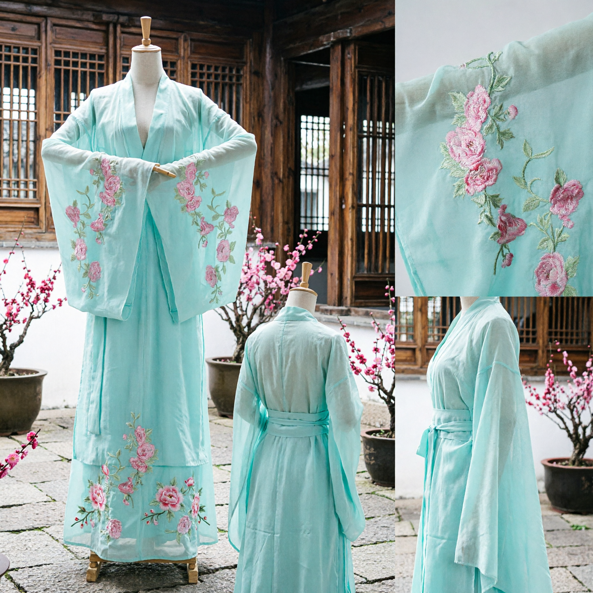 Traditional Chinese Hanfu Ancient Costume Light Blue Floral Embroidery Wide Sleeve Robe for Women Photography - Asian Costume