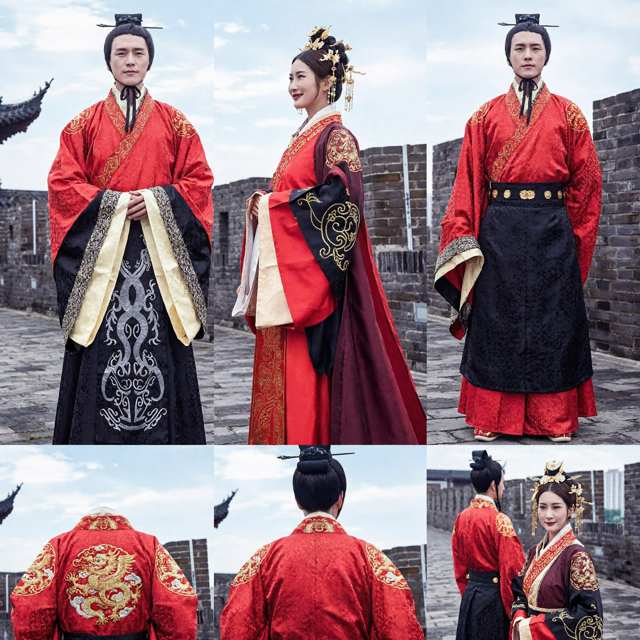Traditional Chinese Hanfu Wedding Costume for Couples Ancient Han Dynasty Style Red and Black Formal Wear - Asian Costume