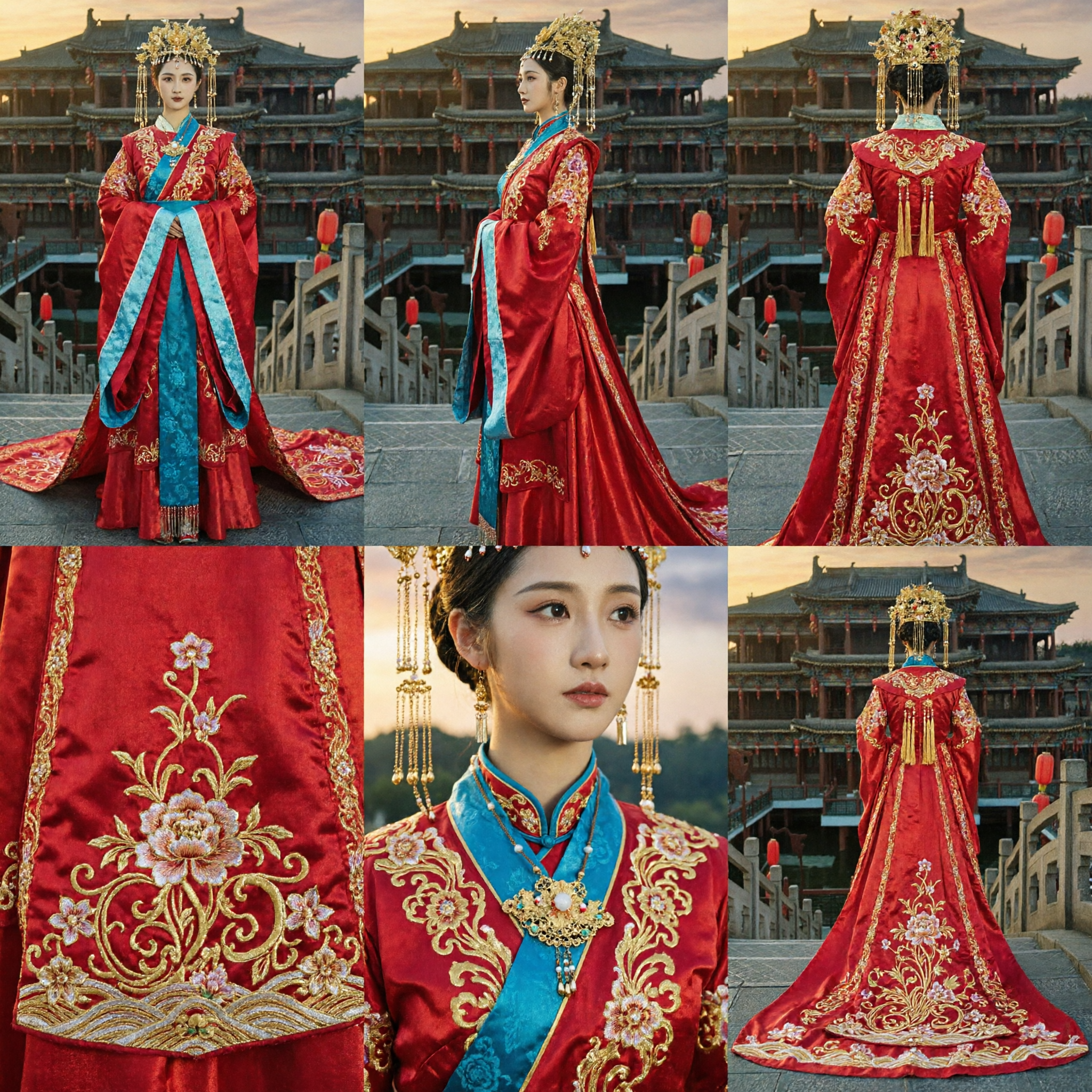 Traditional Chinese Wedding Dress Ancient Red Hanfu Costume for Bride with Gold Embroidery and Long Train - Asian Costume