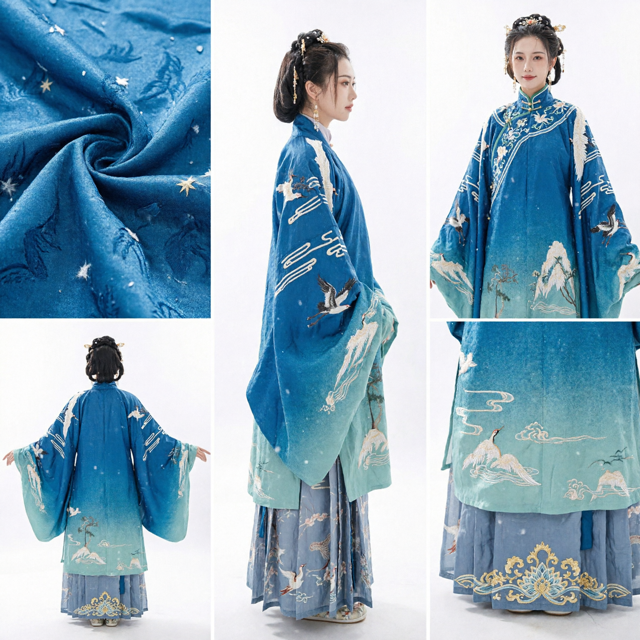 Traditional Chinese Hanfu Blue Gradient Coat with Crane Pattern Ancient Costume Wide Sleeve Robe for Women Winter - Asian Costume