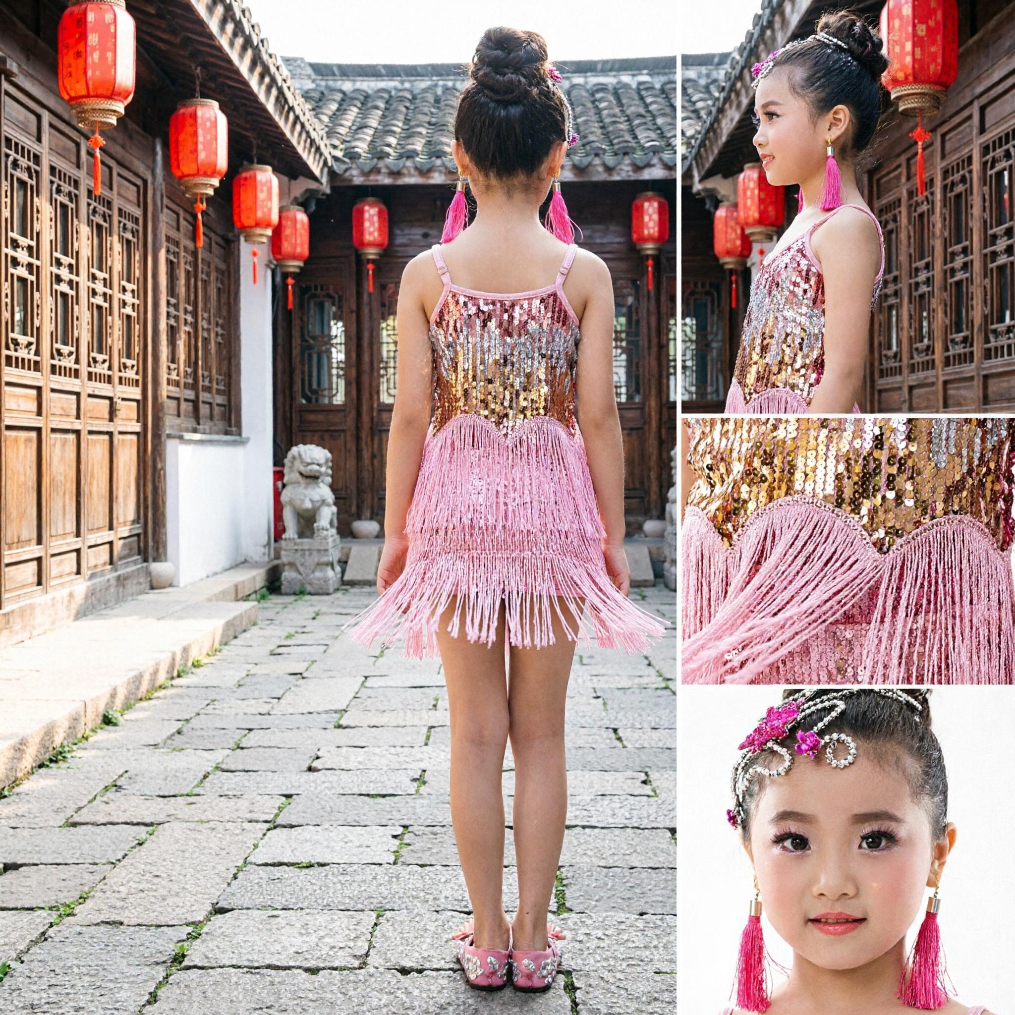 Girls Latin Dance Dress Kids Sequin Fringe Costume for Samba Tango Cha Cha Performance Stage - Asian Costume