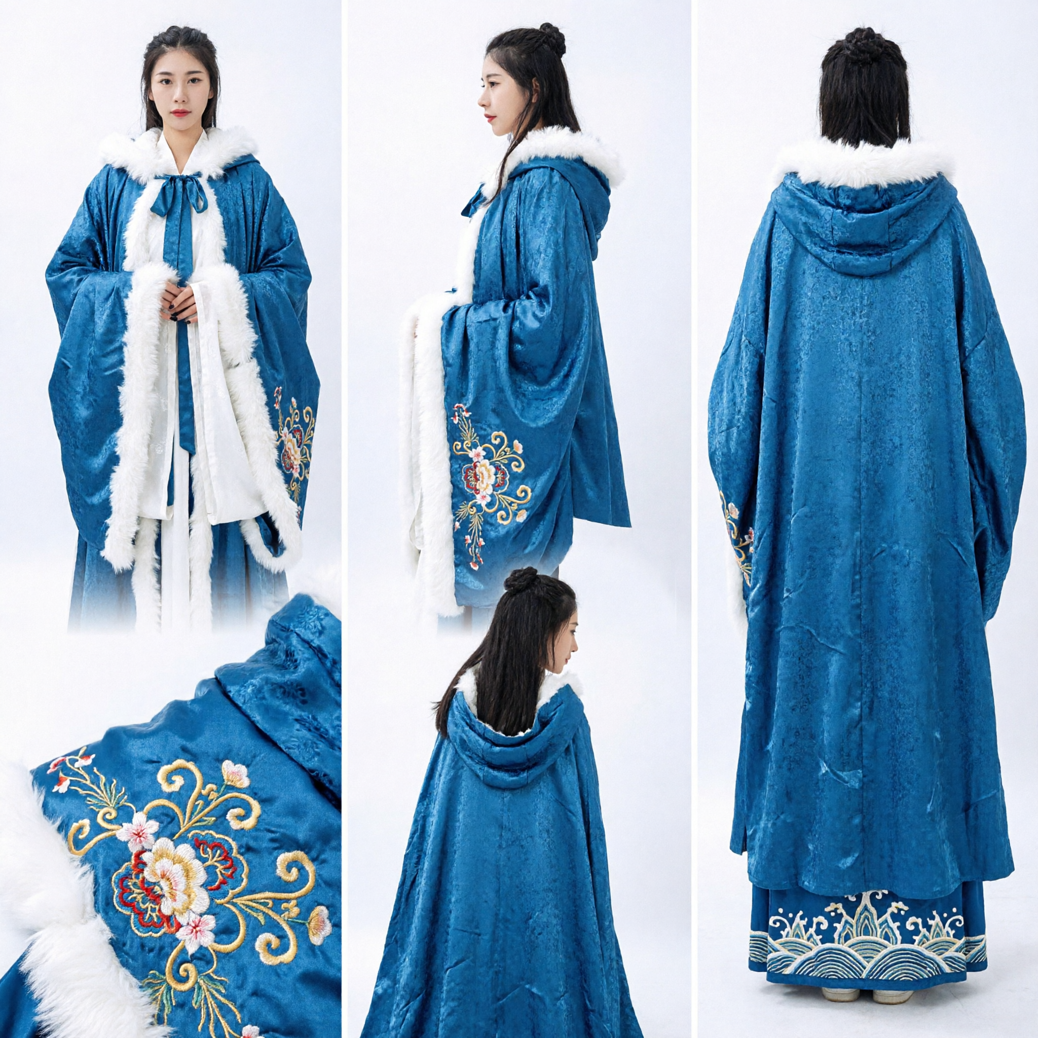 Women's Traditional Chinese Hanfu Winter Cloak Blue Brocade Cape with White Fur Trim for Cosplay - Asian Costume