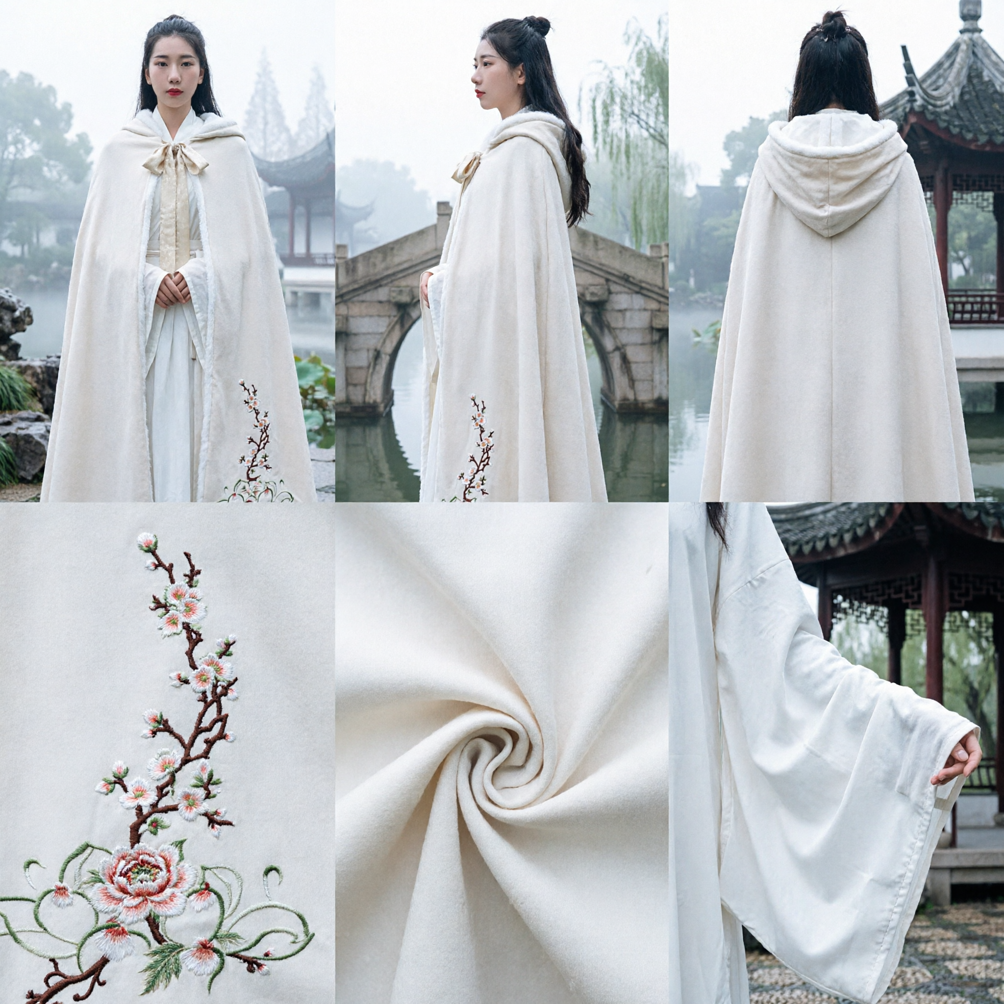 Traditional Chinese Hanfu White Winter Cloak Cape with Plum Blossom Embroidery Ancient Costume for Women - Asian Costume