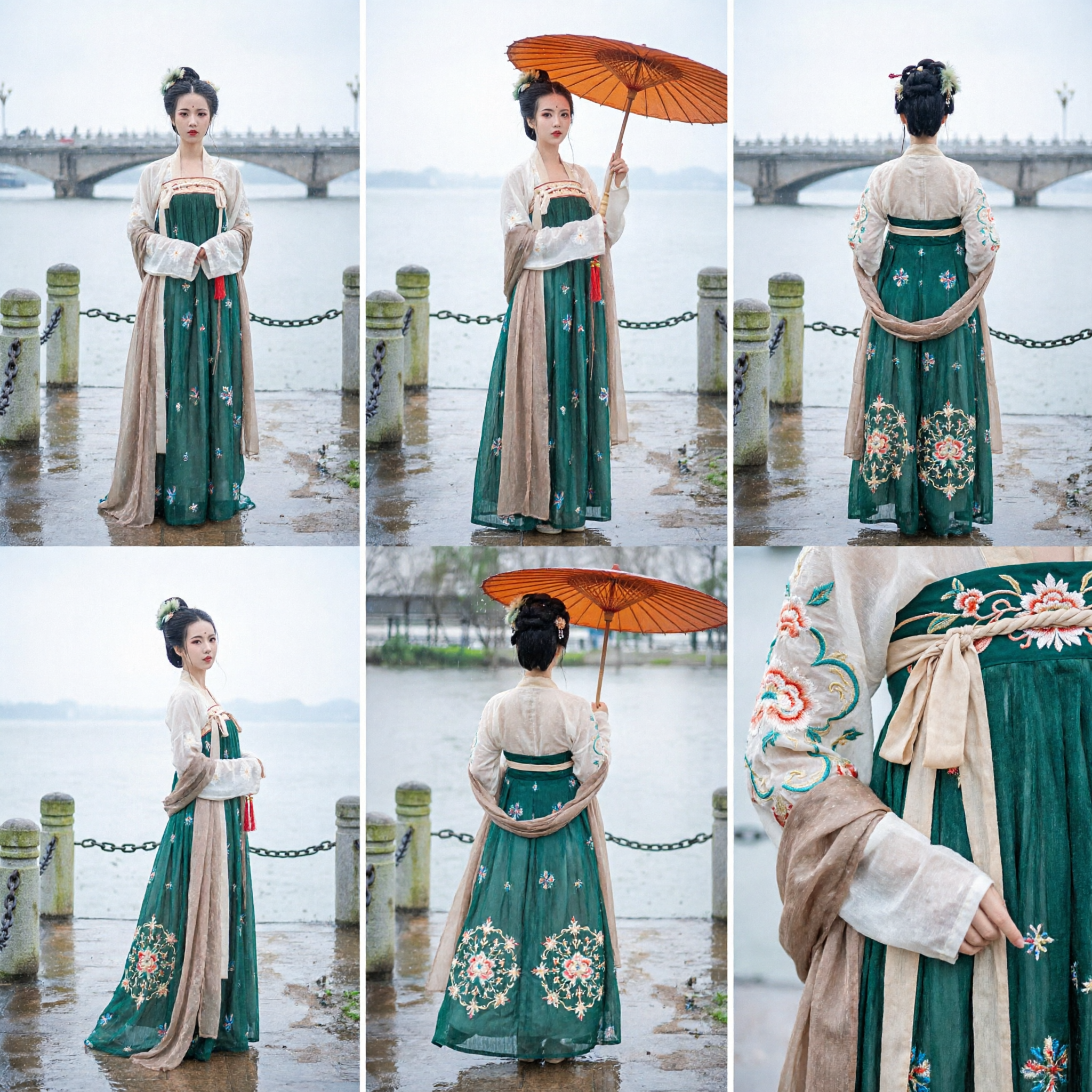 Traditional Chinese Tang Dynasty Hanfu Costume Green Floral Embroidered Skirt Set for Women Historical Photography - Asian Costume