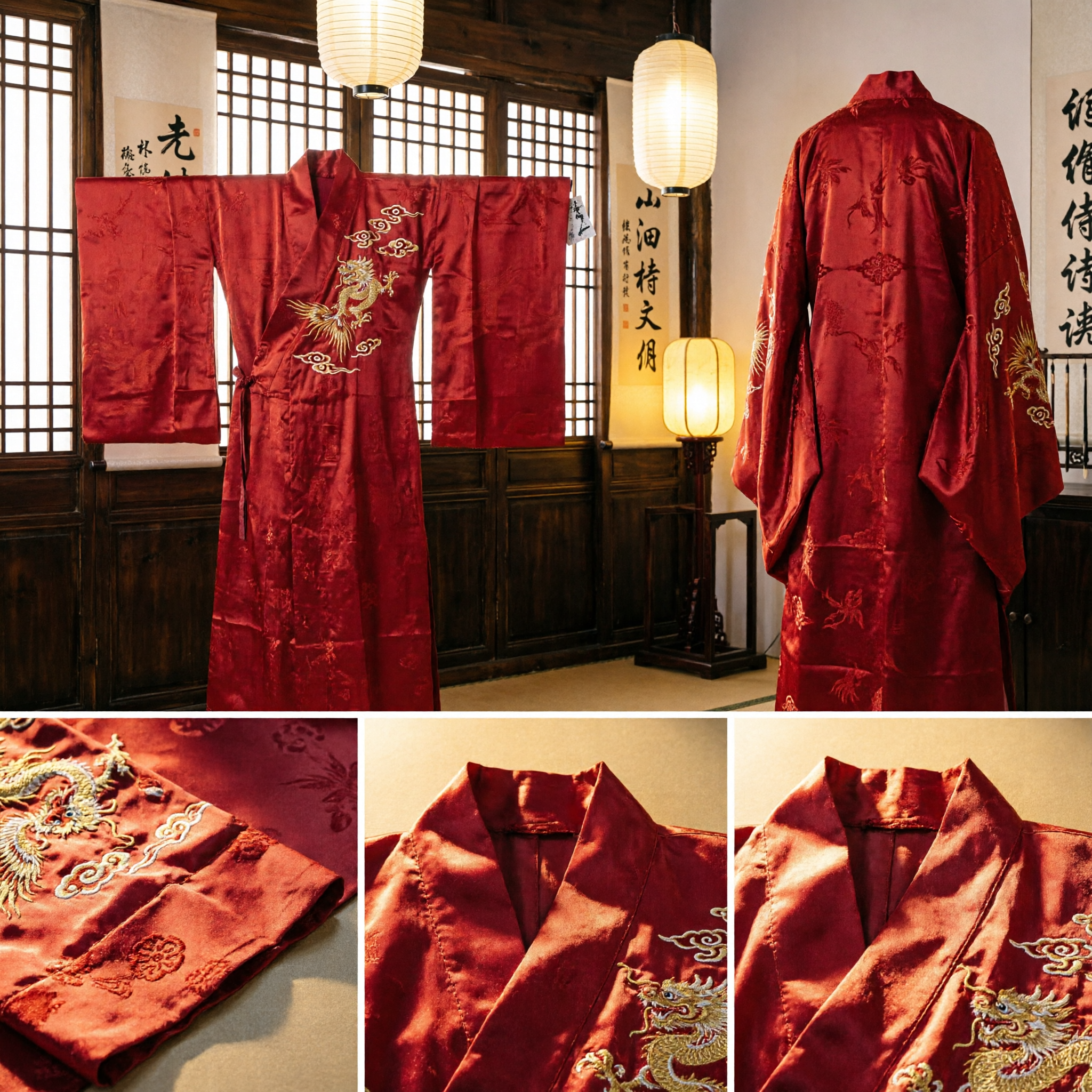 Traditional Chinese Red Silk Robe Men's Tang Suit Wedding Groom Ceremony Costume Long Jacket - Asian Costume
