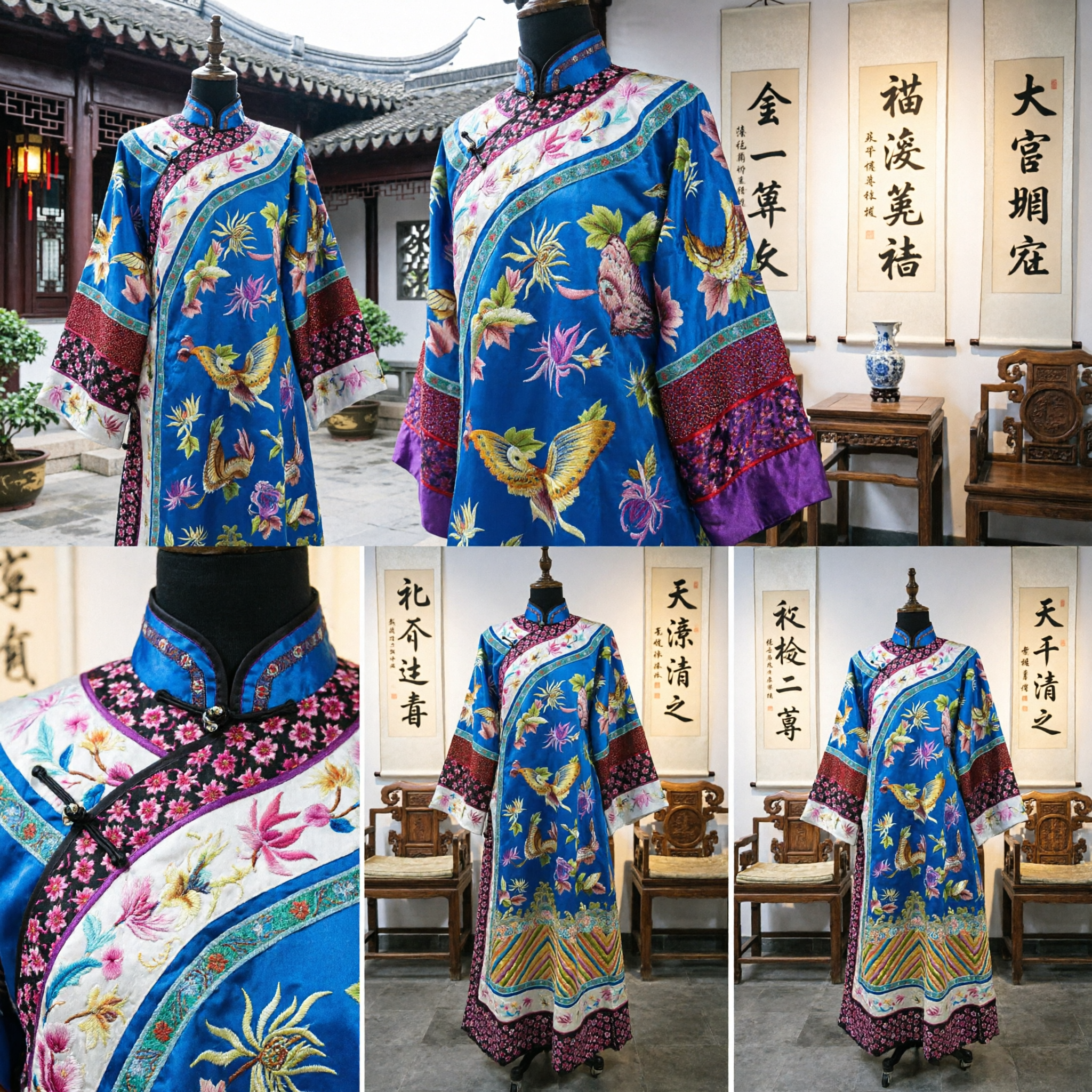 Ancient Chinese Qing Dynasty Blue Floral Butterfly Embroidered Robe Traditional Peking Opera Costume for Women - Asian Costume