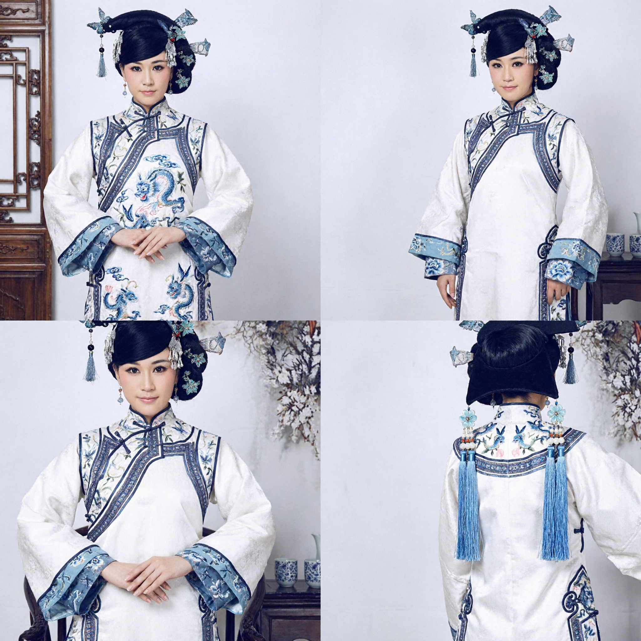 Ancient Chinese Qing Dynasty Palace Costume Blue and White Embroidered Manchu Traditional Dress for Women Cosplay - Asian Costume