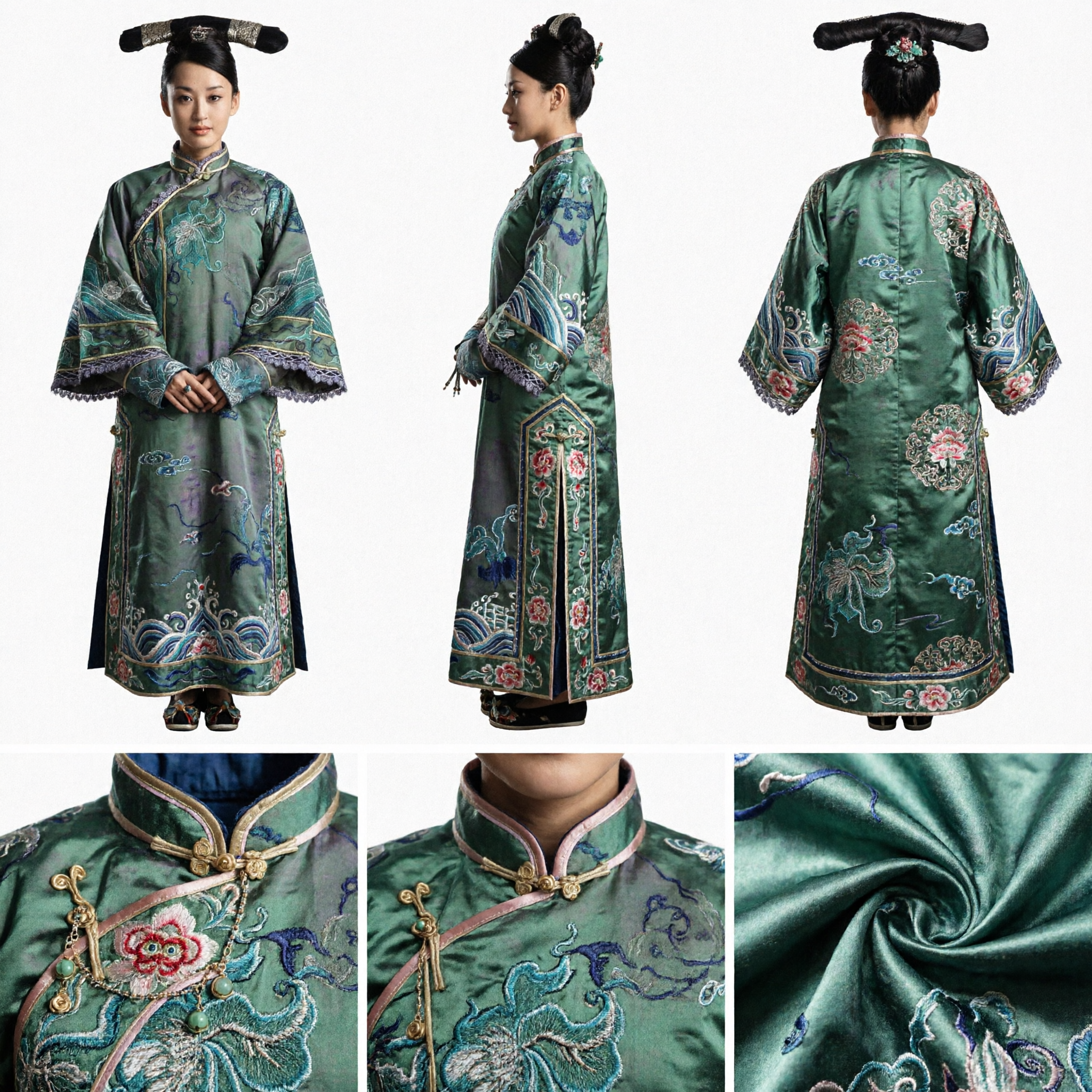 Traditional Chinese Qing Dynasty Noblewoman Green Embroidered Robe and Headdress Costume Set for Women Performance - Asian Costume