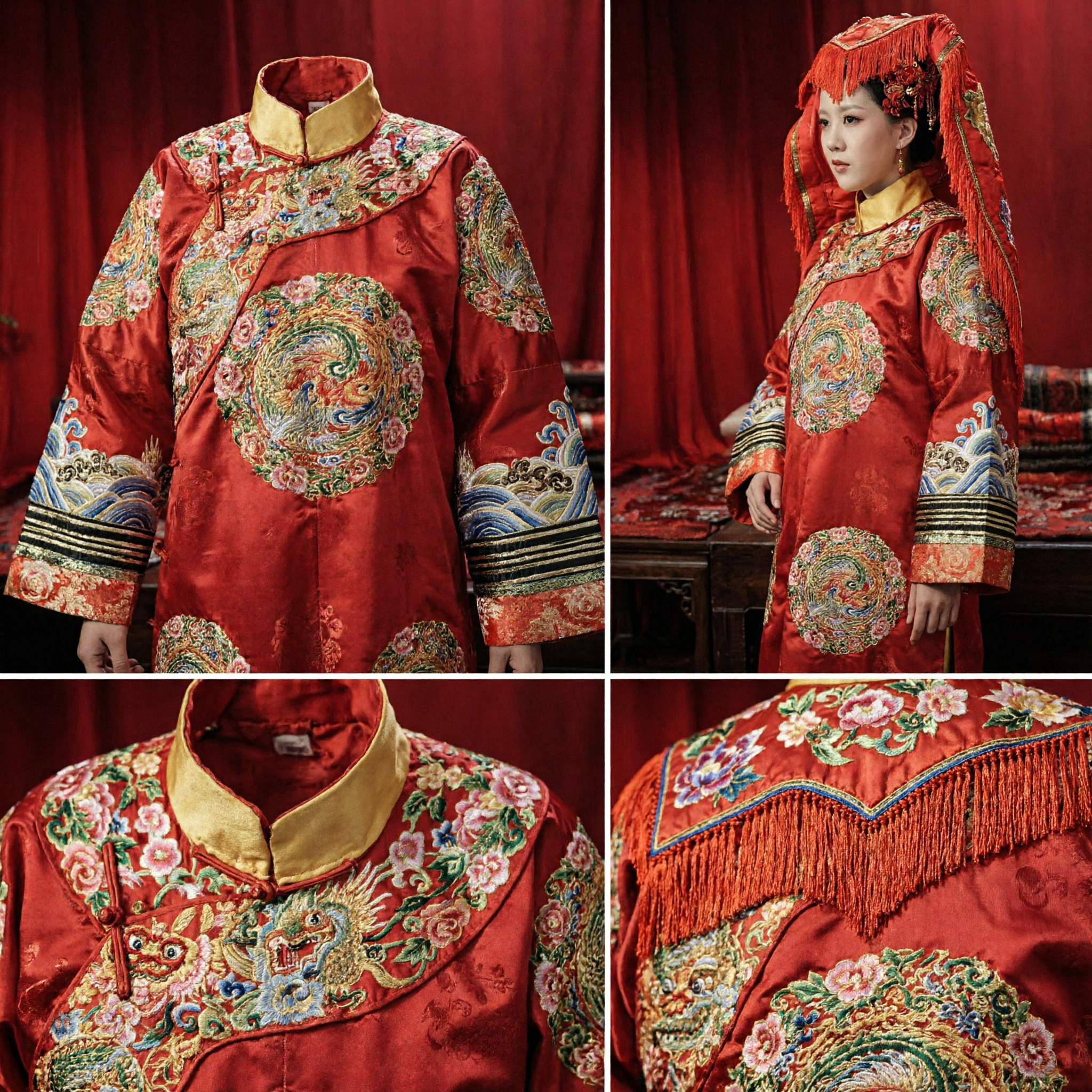 Traditional Chinese Wedding Costume Qing Dynasty Red Embroidered Dragon Robe Ancient Bride Hanfu Dress for Women - Asian Costume