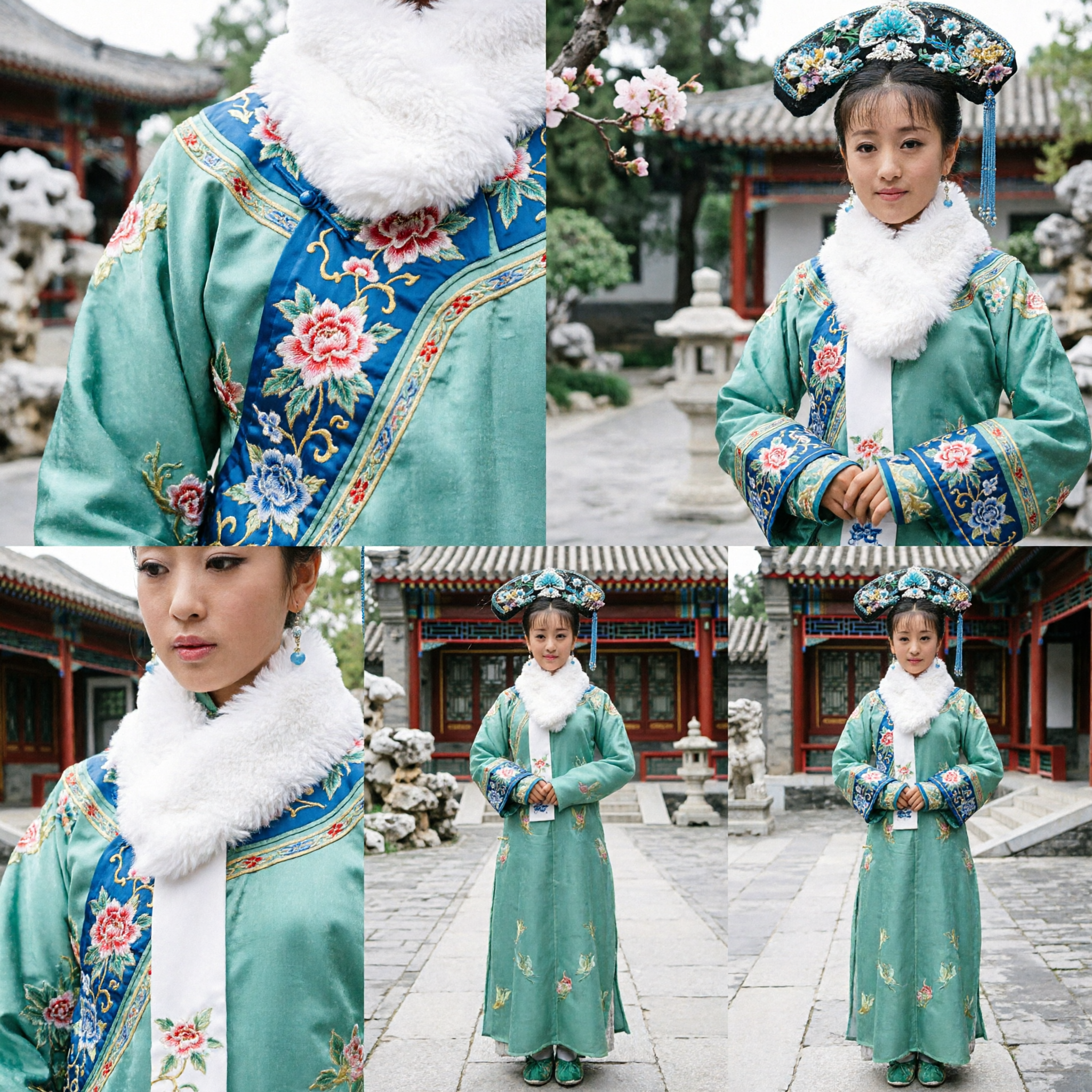 Traditional Chinese Qing Dynasty Manchu Princess Costume for Girls Green Embroidered Dress with Headdress - Asian Costume